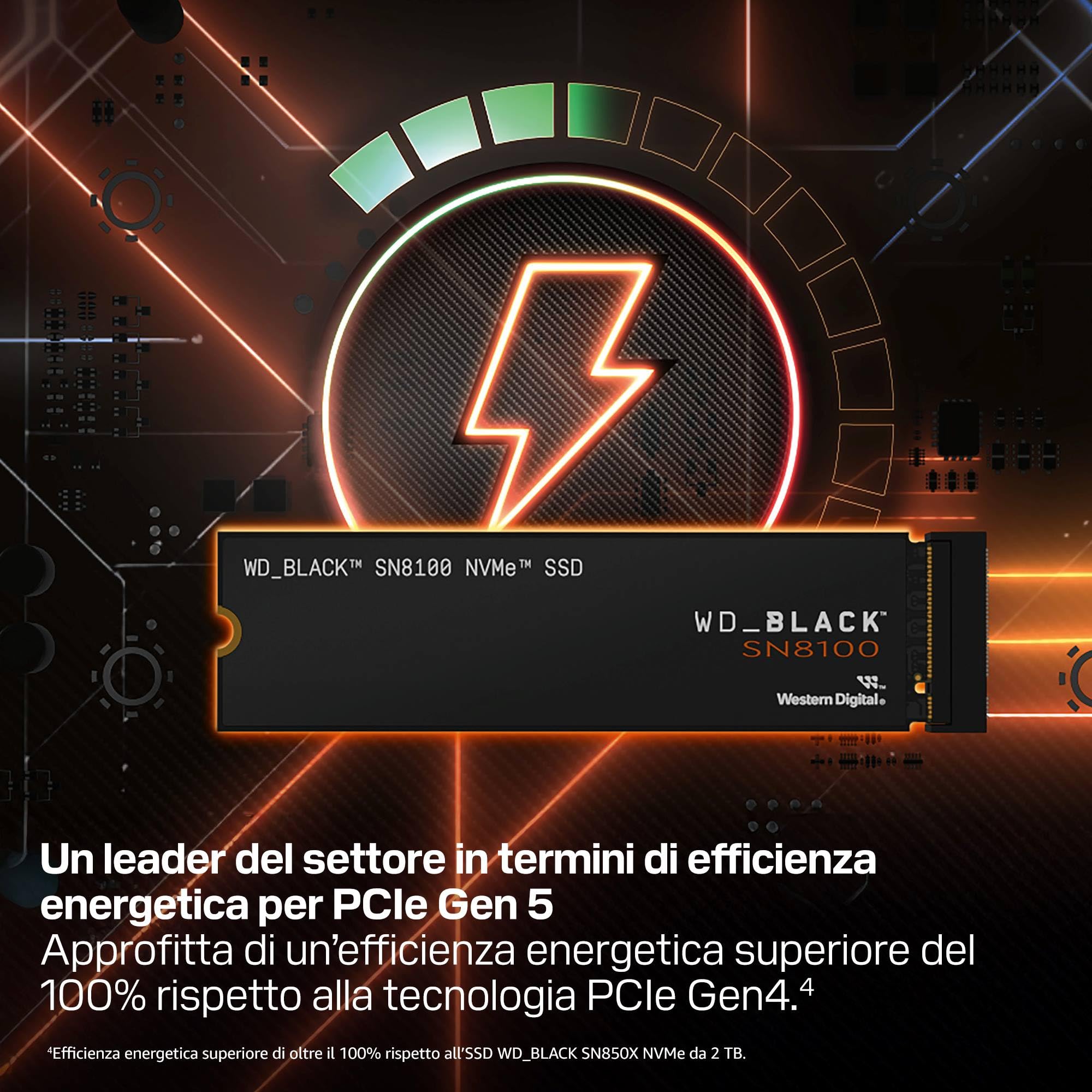 WD_BLACK SN8100 4 TB PCIe 5,0x4 NVMe M.2 SSD, velocità di lettura sequenziale fino a 14900 MB/s, velocità di scrittura sequenziale fino a 14000 MB/s, TLC 3D CBA NAND