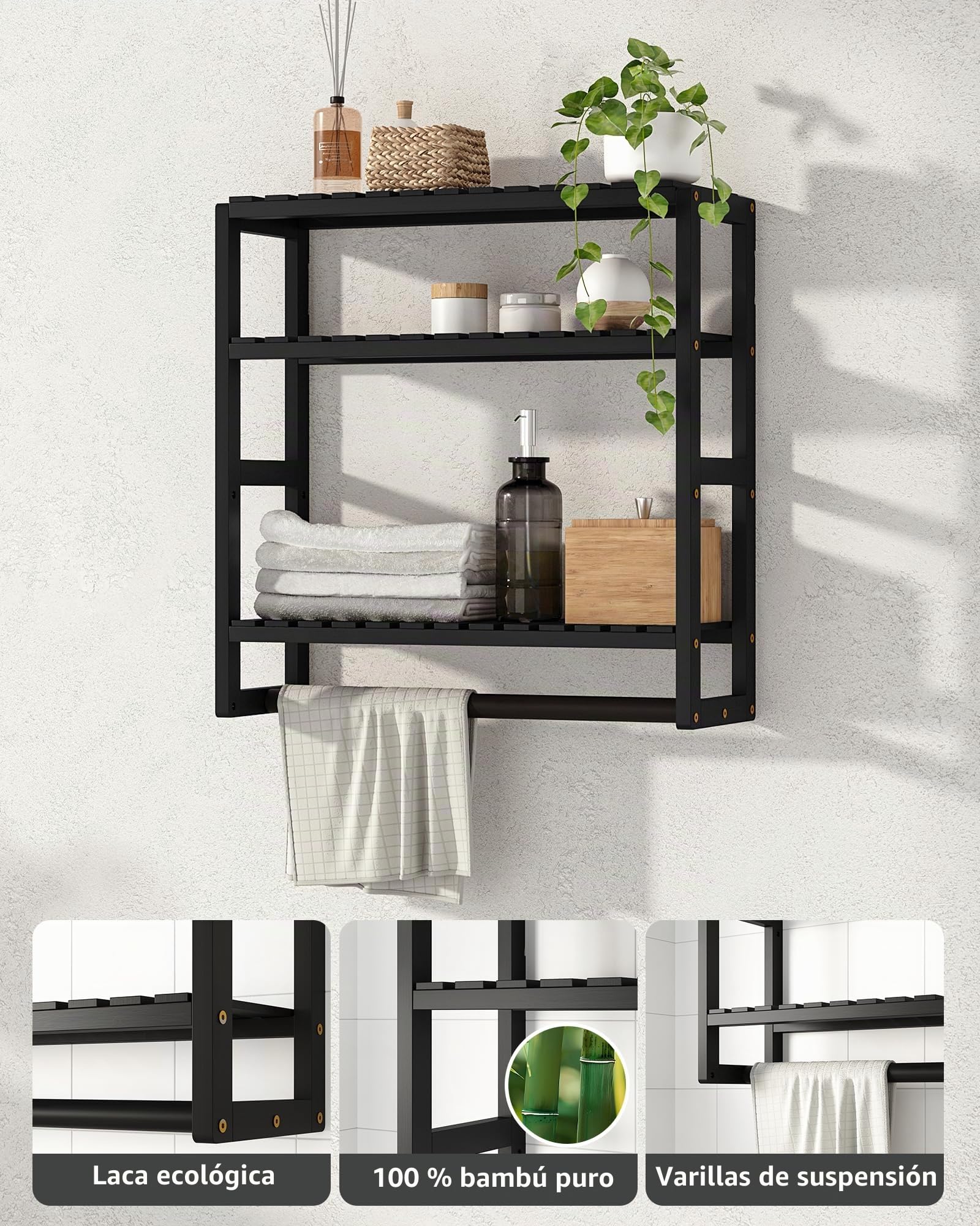 Galood Estante de baño para Almacenamiento sobre el Inodoro, montado en la Pared, 3 Niveles, Organizador de Estante de Esquina de bambú, toallero, Armario de Papel higiénico con Barra para Colgar, | Organizador de estante esquinero de bambú, toallero, arm
