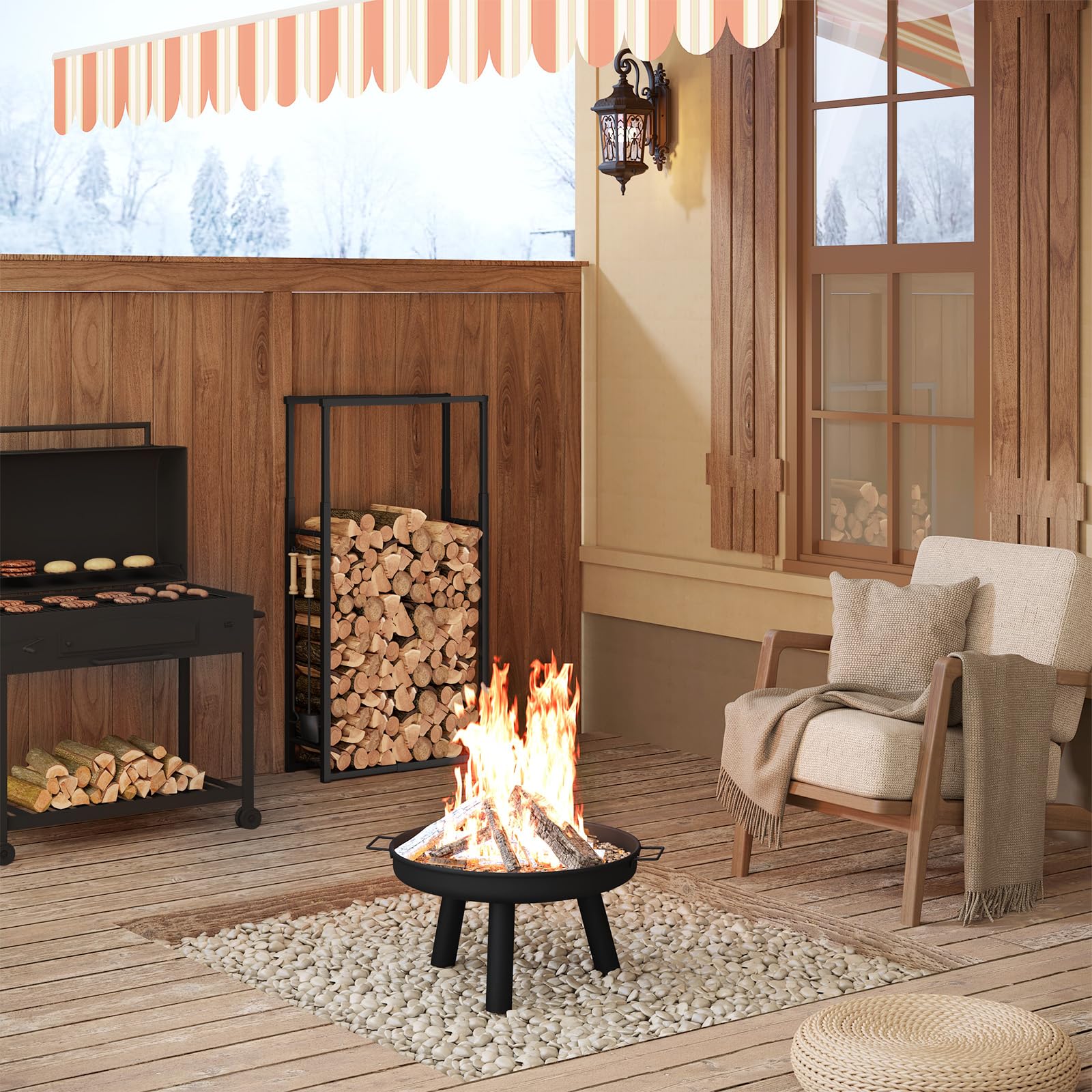 Laneetal Étagère à Bois De Cheminée En Métal - 9 Tailles Réglables - Avec 4 Crochets - Pour Intérieur Et Extérieur - Charge Maximale : 100 Kg - Noir