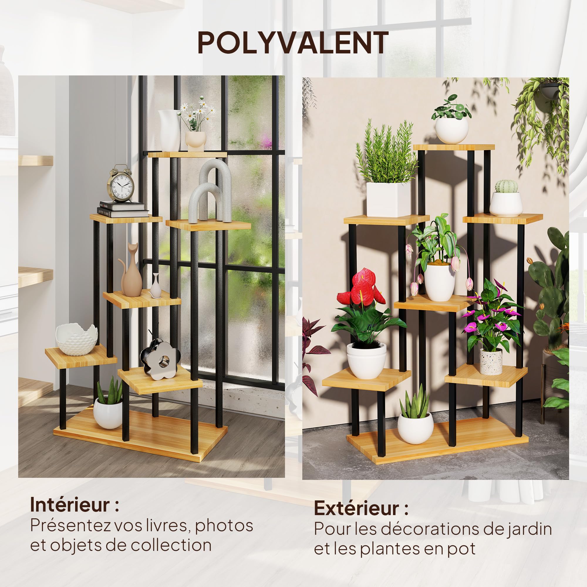 Outsunny Support à plantes à 7 niveaux pour intérieur et extérieur, étagère plante en acier et bois, porte plantes pour jardin, terrasse, balcon, salon, bois naturel