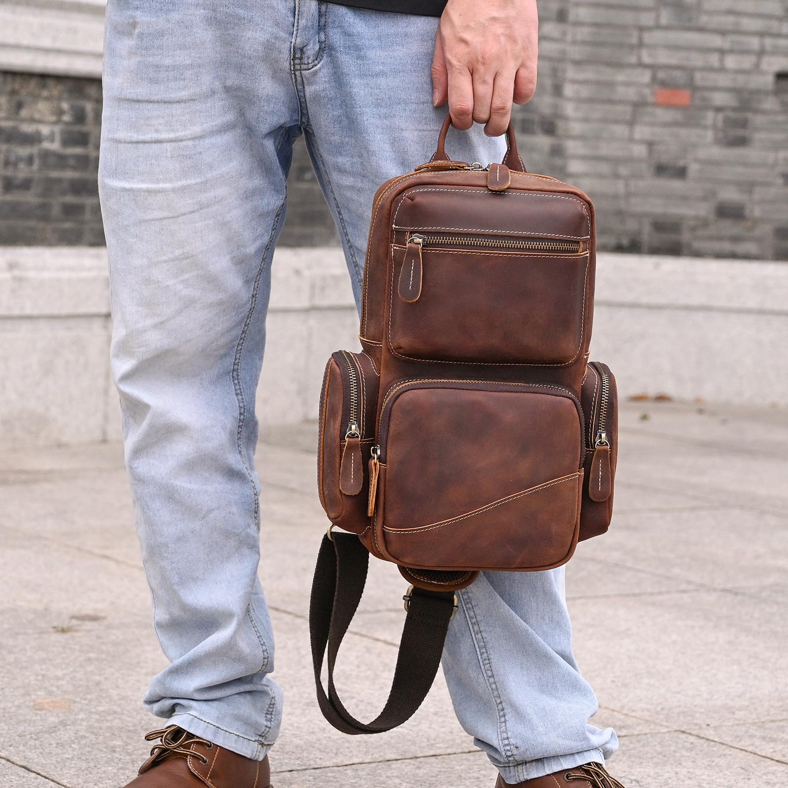 Zaino Monospalla Uomo Vera Pelle Borsello Uomo Pelle Tracolla Spalla Sling Bag Crossbody Bag Borse Petto per Trekking Viaggi Lavoro Scolastici