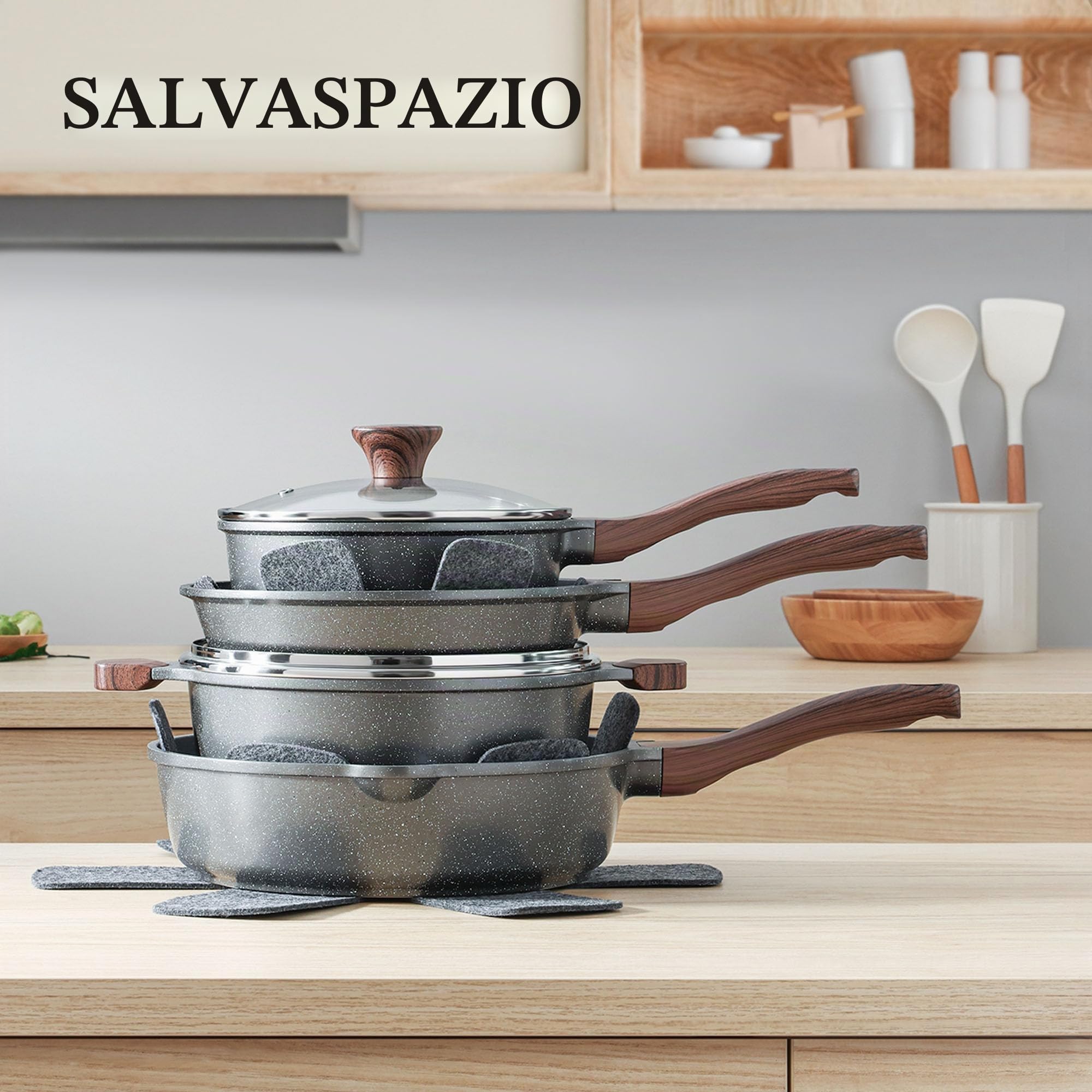 SENSARTE Set di Pentole in Granito 13 Pezzi, Padelle Antiaderente con Manici Isolanti, Padella 24/28 cm & Pentola 20/24 cm, Facile da Pulire