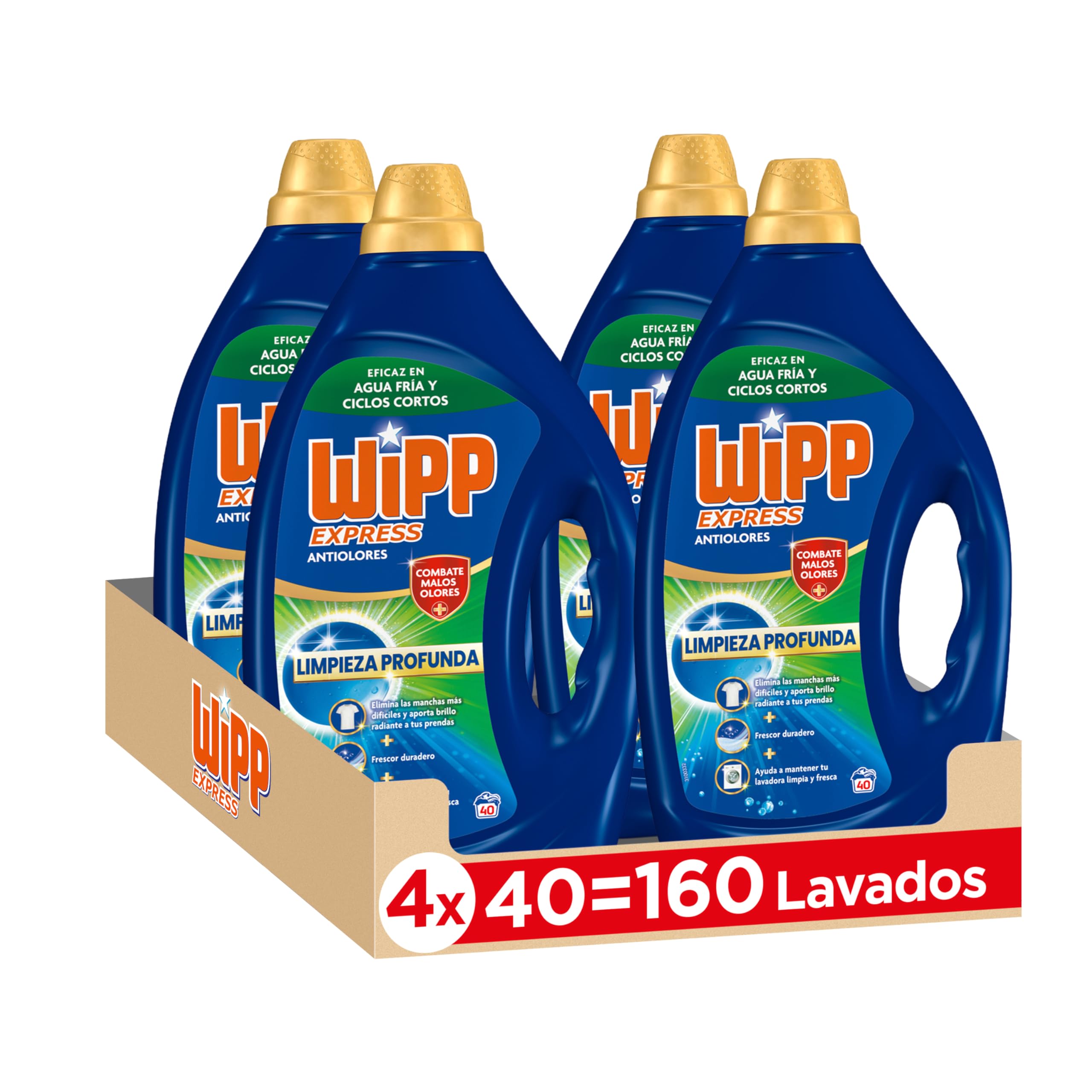 Wipp Express Limpieza Profunda Higiene & Antiolores (40X4) detergente lavadora líquido que combate malos olores, detergente quitamanchas ropa apto para agua fría