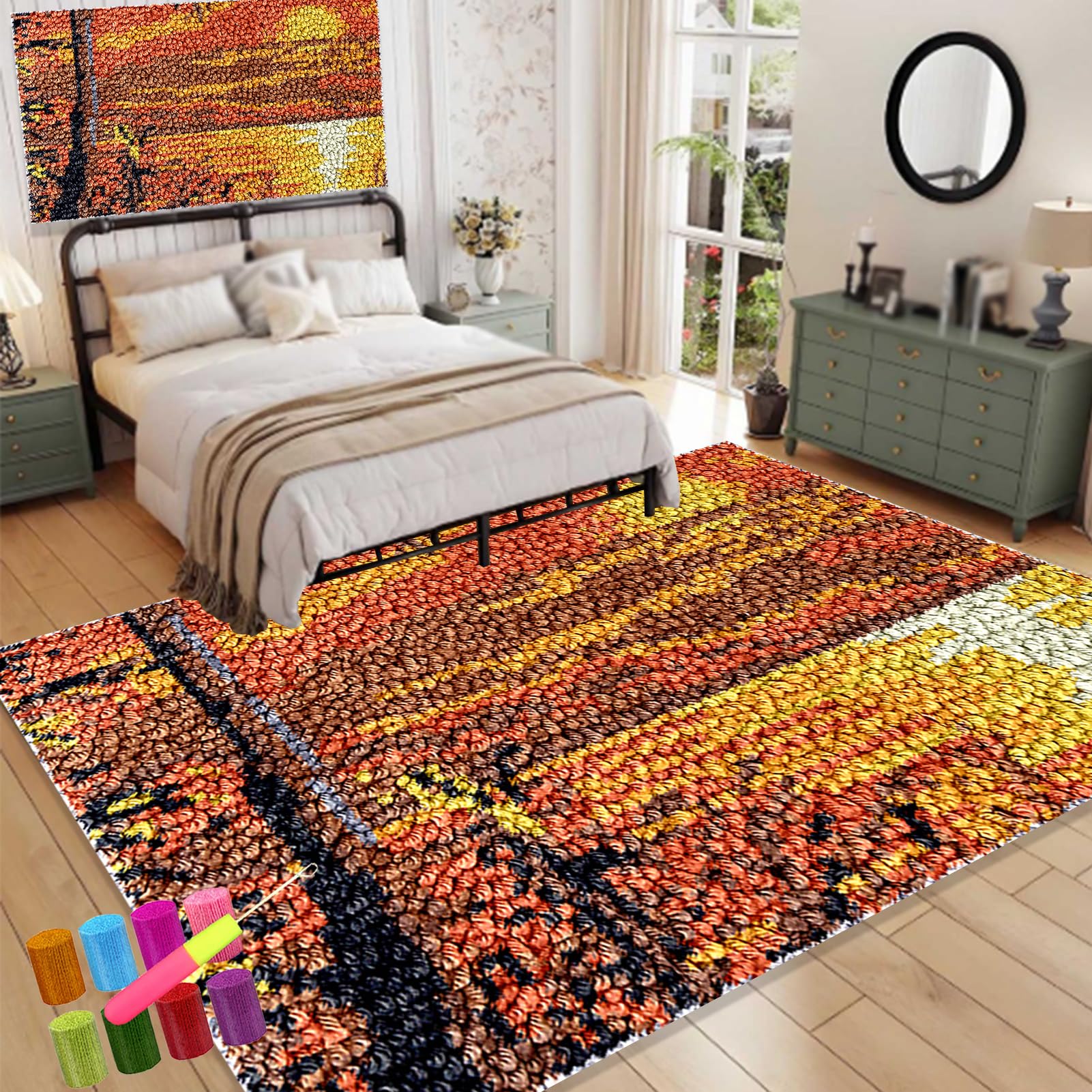 61 x 87 cm Zestaw dywaników szydełkowych z wiązanym ściegiem zatrzask poduszka DIY szydełkowa mata do szydełkowania dla dorosłych, wstępnie wydrukowany wzór kolorowy zestaw do robienia dywanów z