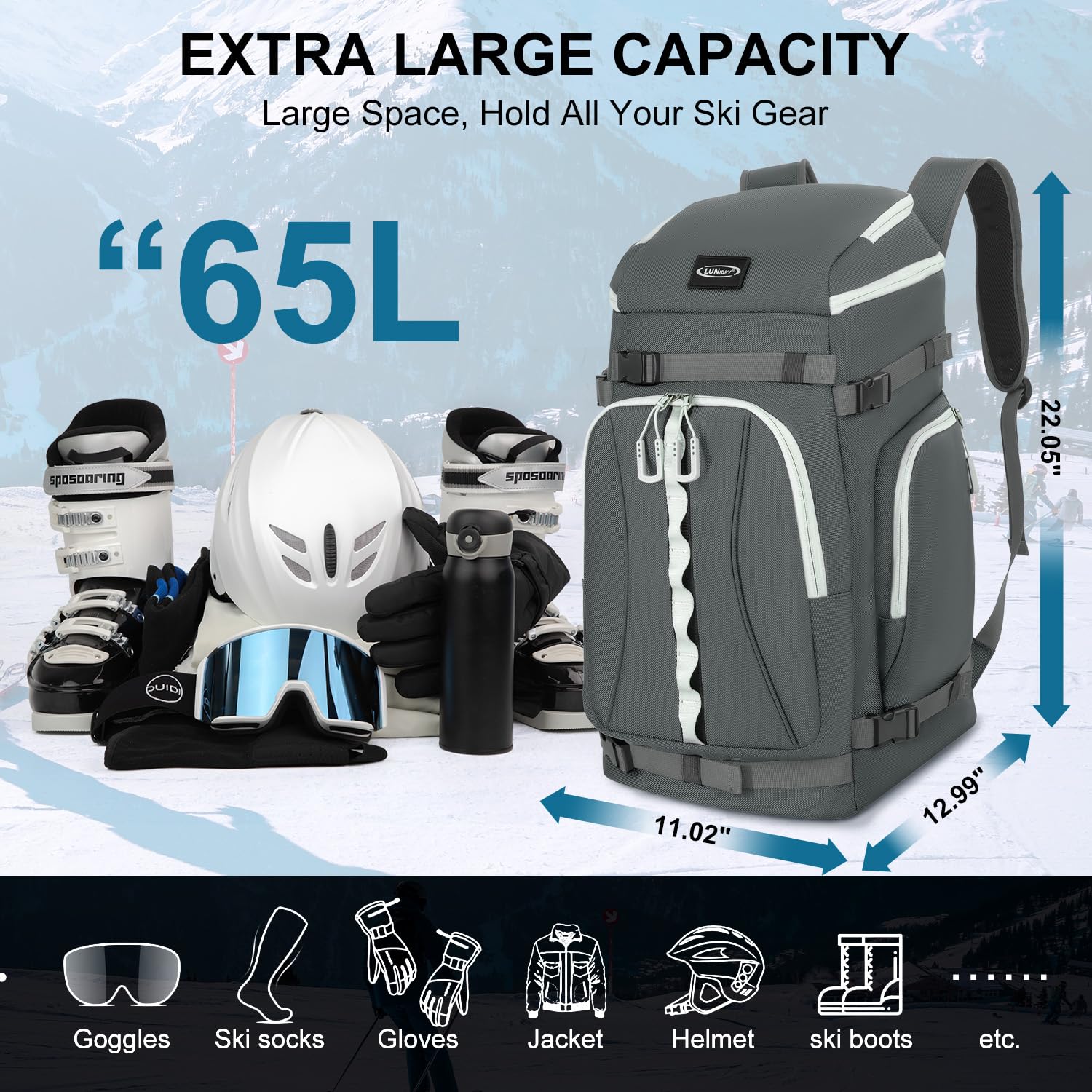 Borse per Scarponi Sci, 65L Zaino per Scarponi da Sci Snowboard con Scomparto per Casco, Giacca, Occhiali, Guanti, Borsa da Sci, Snowboard, Pattini, Pattini in Linea
