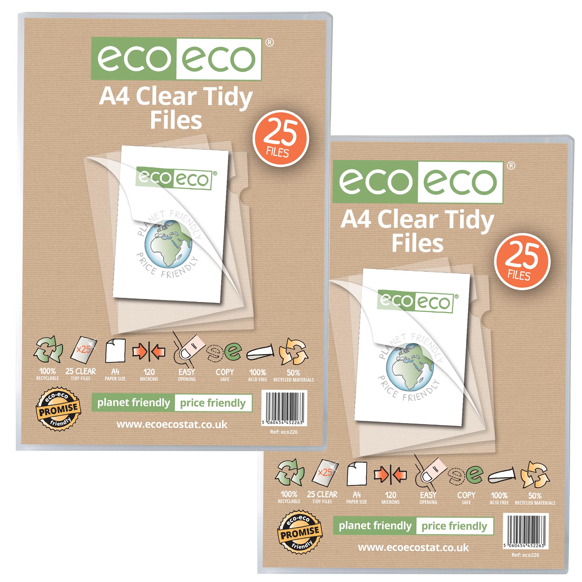 eco-eco A4 50% Recycled Bag 50 Tidy Report Files, 120 Micron Open Top & Side Covers File Wallets Clear Cut Flush, 2 Packs of 25, eco226x2