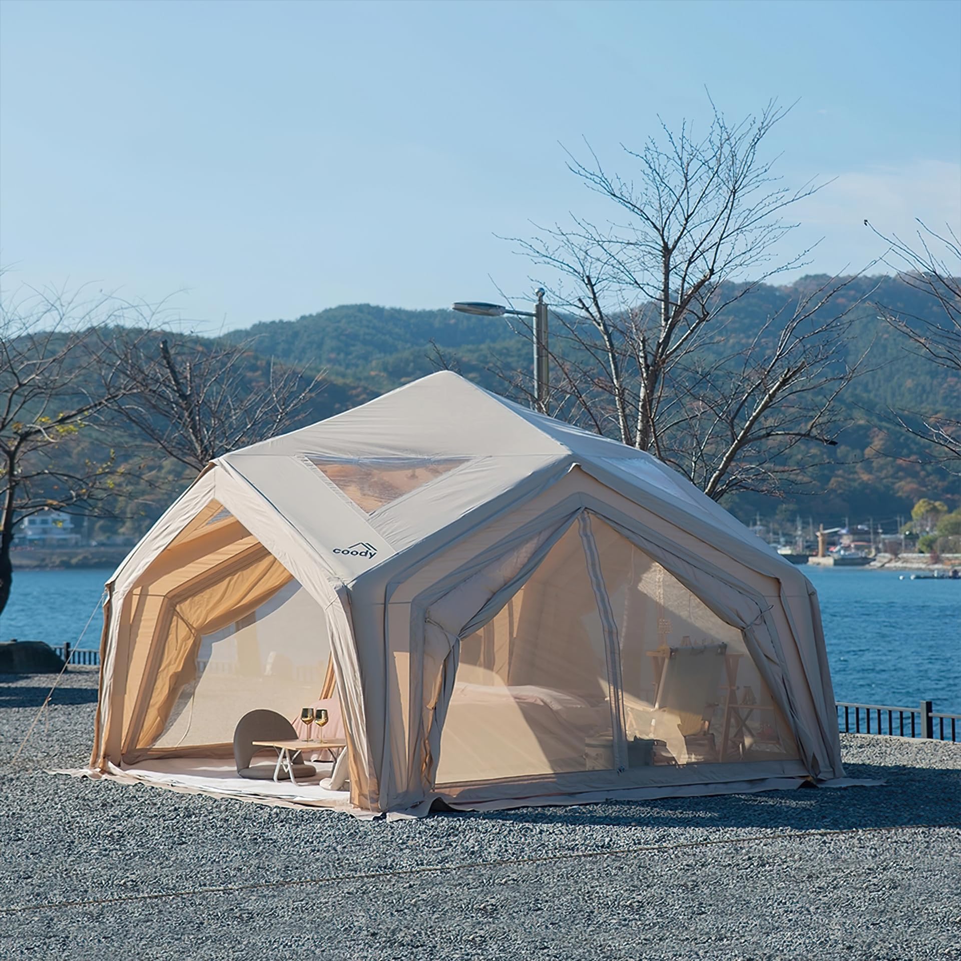 Coody Inflatable Canvas Camping Tents with Stove Jack – Premium Air Beam Family Glamping Tent, Breathable Cotton Canvas, Fast Setup Air Tent with Pump