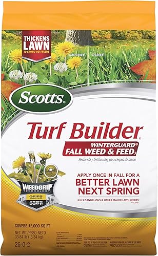 Scotts Turf Builder WinterGuard Fall Weed & Feed5, Weed Killer Plus Fertilizante de otoño, 12,000 pies cuadrados, 33.84 libras.