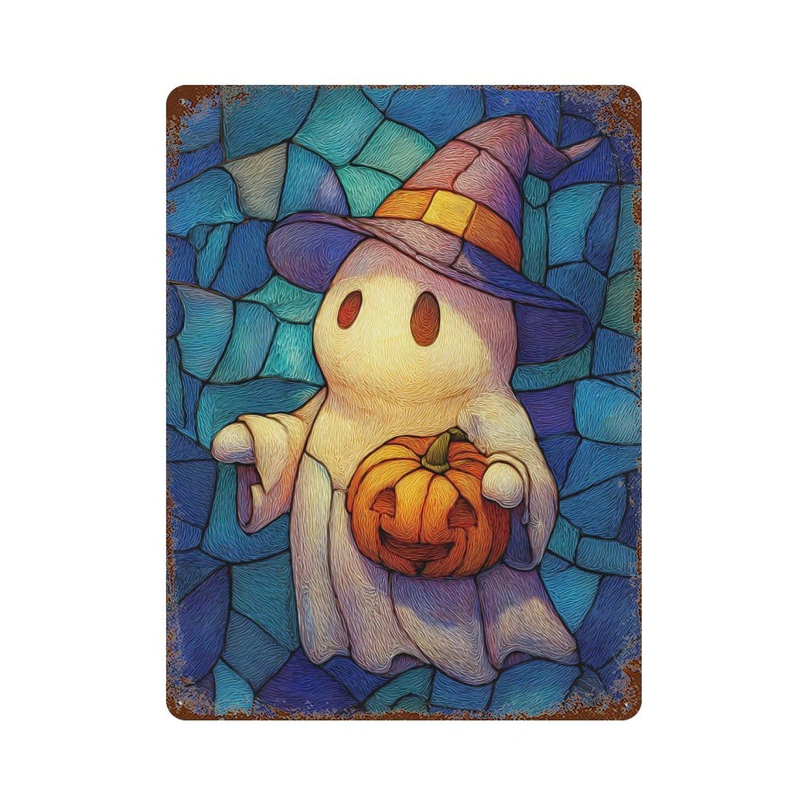 Vintage Rust Metal Sign with Halloween Ghost with Pumpkin And Hat Design 15.7"x11.8", for Garage, Bar And Workshop Decor, Retro Wall Decor