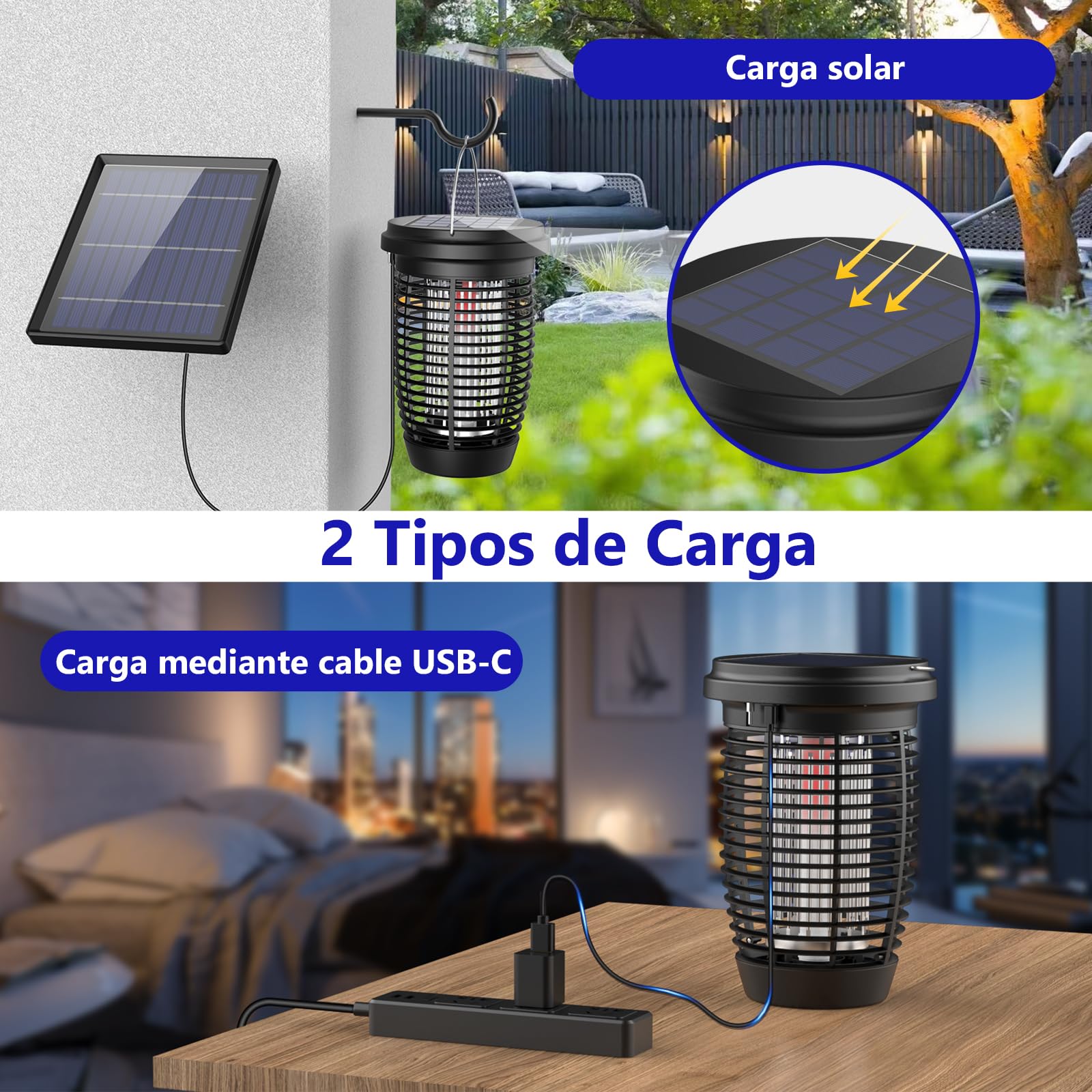 PALONE Lampara Antimosquitos Solar Type-C 4500v con Cable De 3,5 M, Antimosquitos Electrico Panel Solar de 5,5 W, Adecuado para Acampar y para Interiores y Exteriores