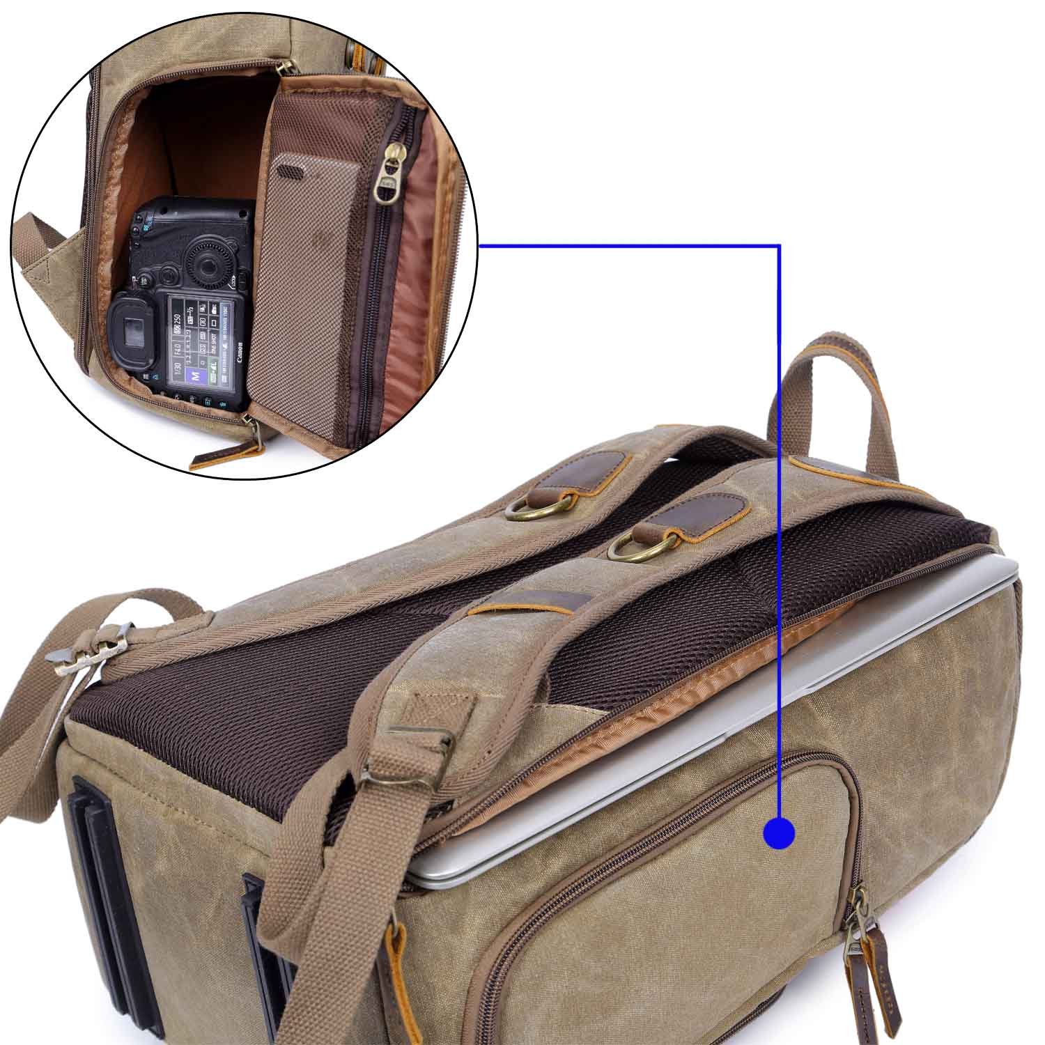 Neuleben Plecak na aparat fotograficzny, z kieszenią na laptopa, schowek na akcesoria, wodoszczelny w stylu vintage, do kamery DSLR, brązowy, Einheitsgröße, Plecak