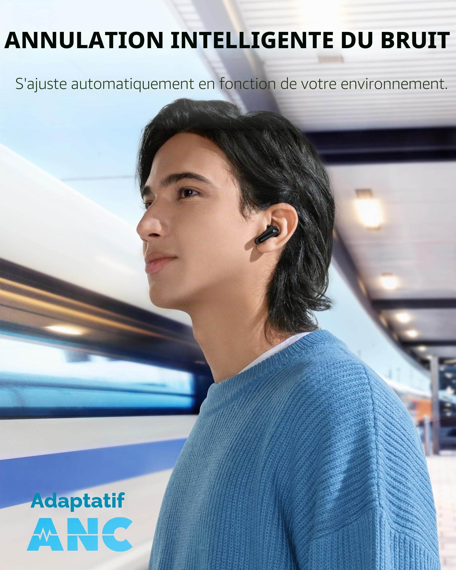 Soundcore Ecouteurs Bluetooth sans Fil P40i by Anker, Réduction de Bruit Adaptable, Basses puissantes, 60 Heures d'autonomie, 2-1 étui et Support de téléphone, IPX5, Charge sans Fil, Bluetooth 5.3