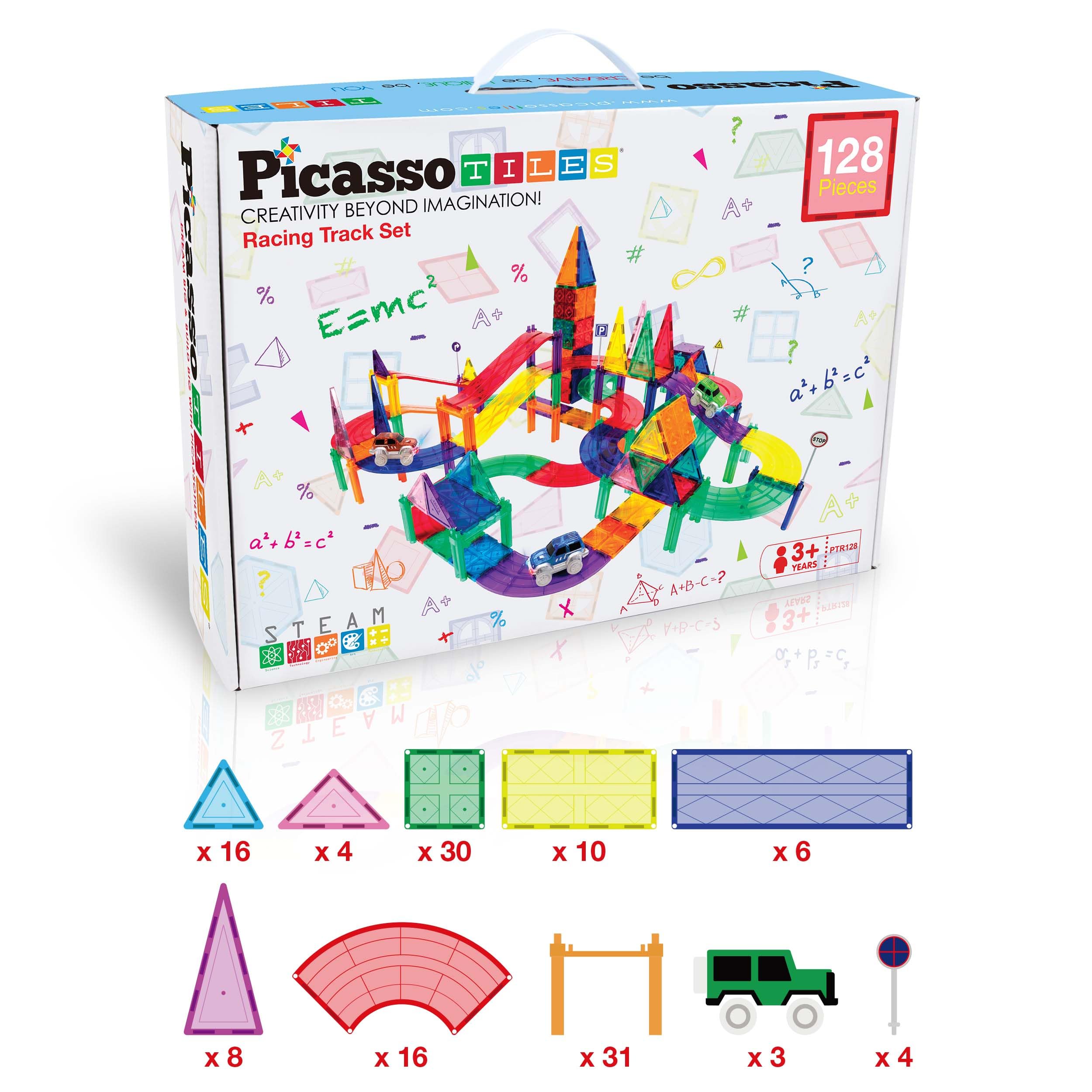 PicassoTiles 128pcs Magnetic Race Car Track Building Block Educational Toy Set Tiles Magnet Playset 3 LED Car STEM Learning Construction Kit Fine Motor Skill Training Brain Development for Kids Age3+