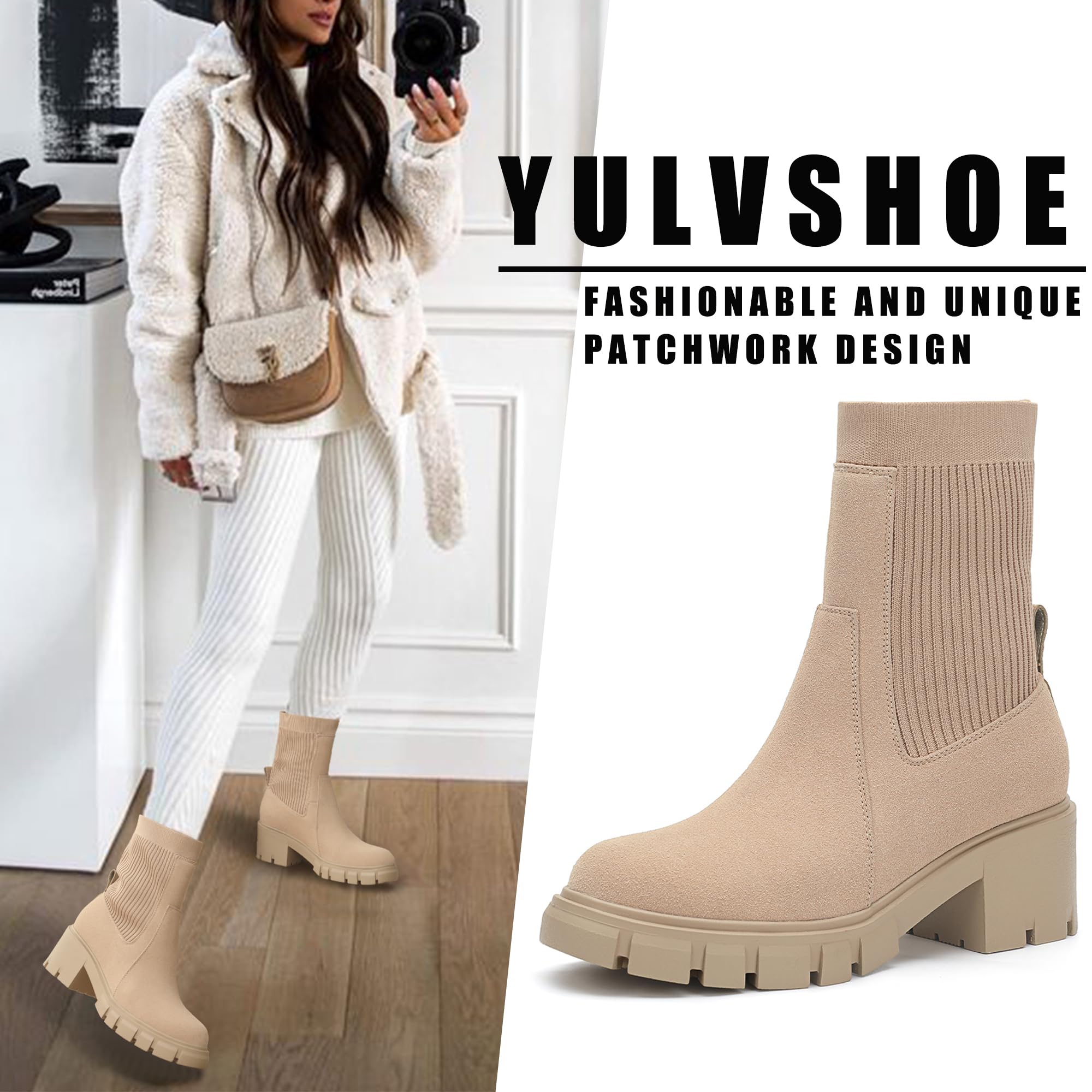 YULVSHOE Women's Chelsea Boots Comfortable Slip On Elastic Block Heel Platform Lug Sole Fashion Ankle Booties Nude 8 image_2