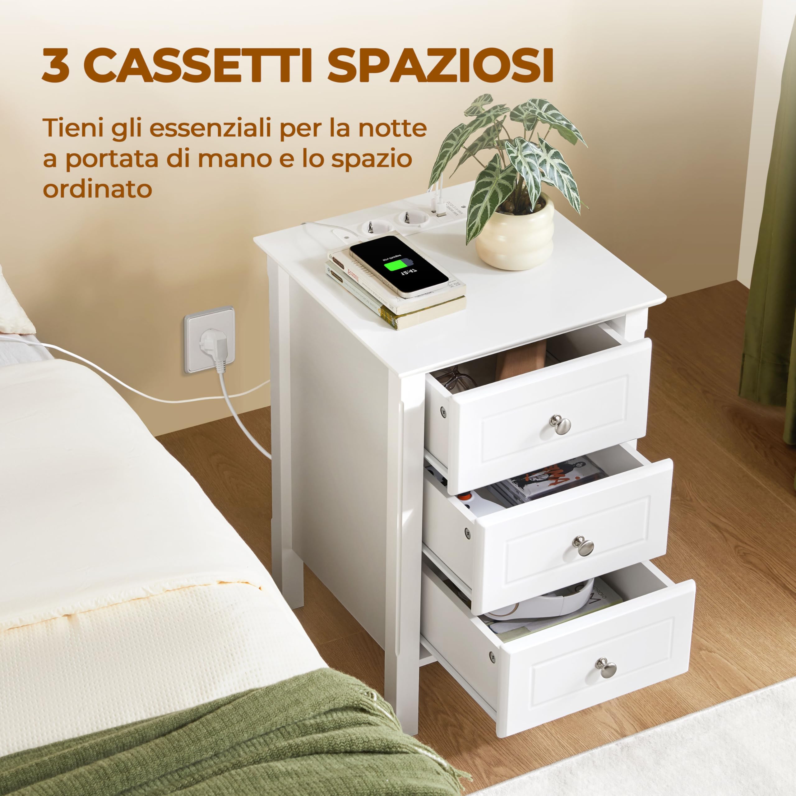 Yaheetech Comodino Camera da Letto con Stazione di Ricarica 2 Porte USB e 2 Prese AC Comodino Smart con 3 Cassetti Salvaspazio Tavolino da Notte Soggiorno (1)