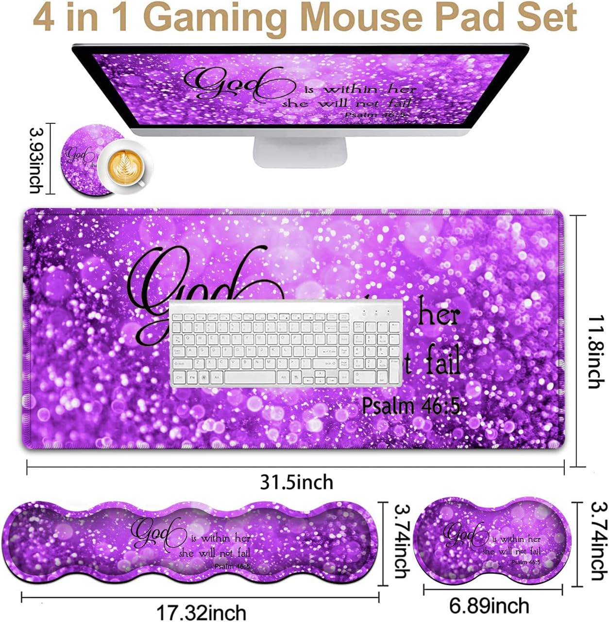 Gaming Mouse Pad XXL Large Desk Mat, Psalm 465 Bible Purple Extended Non-Slip Rubber Mice Pads Stitched Edges(31.5x11.8 in),Ergonomic Premium Memory Foam Keyboard Wrist Rest and Black Mouse Pad Set