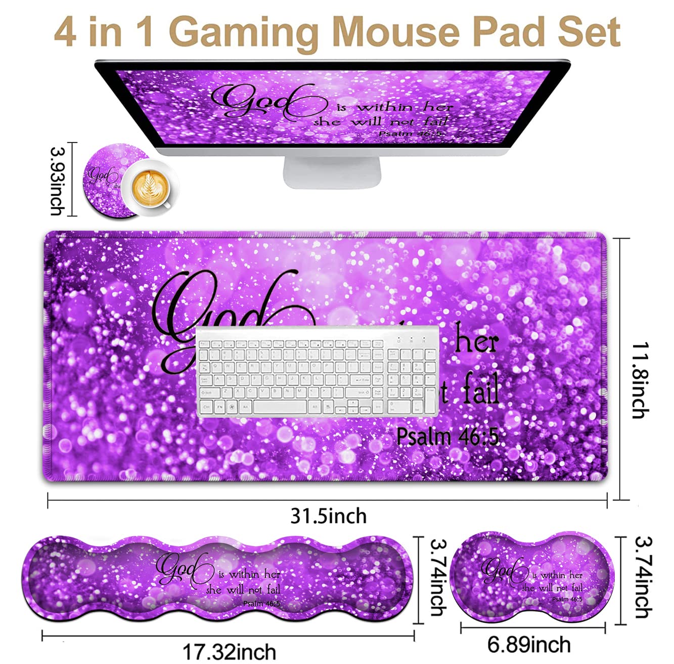 Gaming Mouse Pad XXL Large Desk Mat, Psalm 465 Bible Purple Extended Non-Slip Rubber Mice Pads Stitched Edges(31.5x11.8 in),Ergonomic Premium Memory Foam Keyboard Wrist Rest and Black Mouse Pad Set