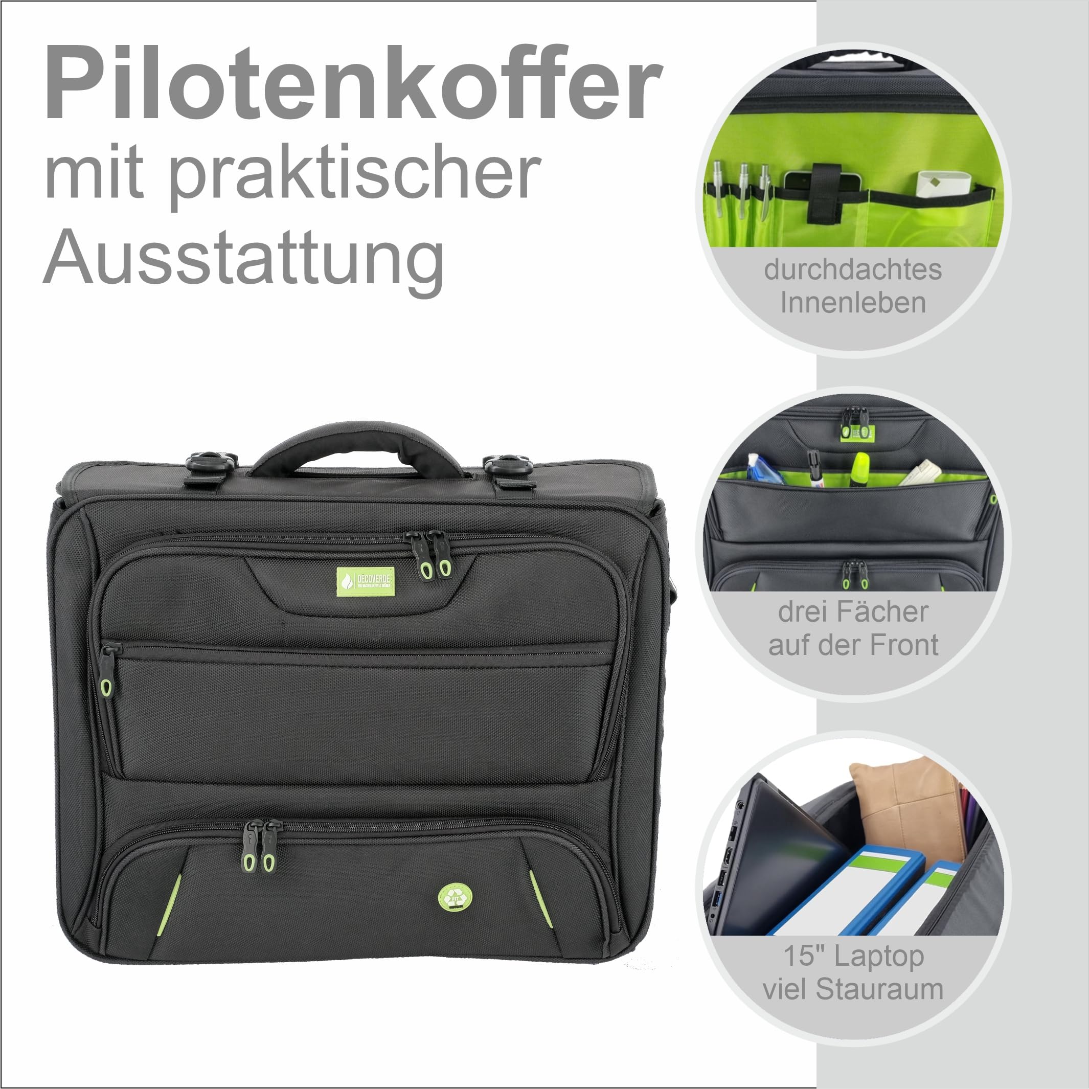 Soft Pilotenkoffer aus RPET in schwarz 46208 | Leichtgewicht mit Laptopfach, Fächertasche, Schultergurt | Aktenkoffer, Laptopkoffer