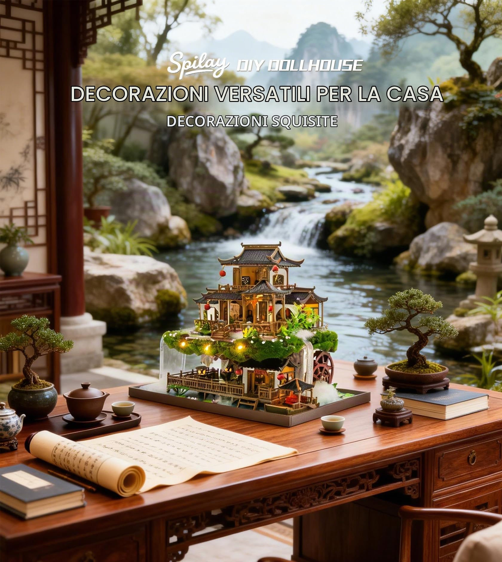Spilay Fairyland Casa Miniatura DIY in Legno con Luce LED, Kit Casa delle Bambole 3D Puzzle per Adulti, Paesaggio Orientale con Cascata e Giardino Cinese, Decorazione Creativa