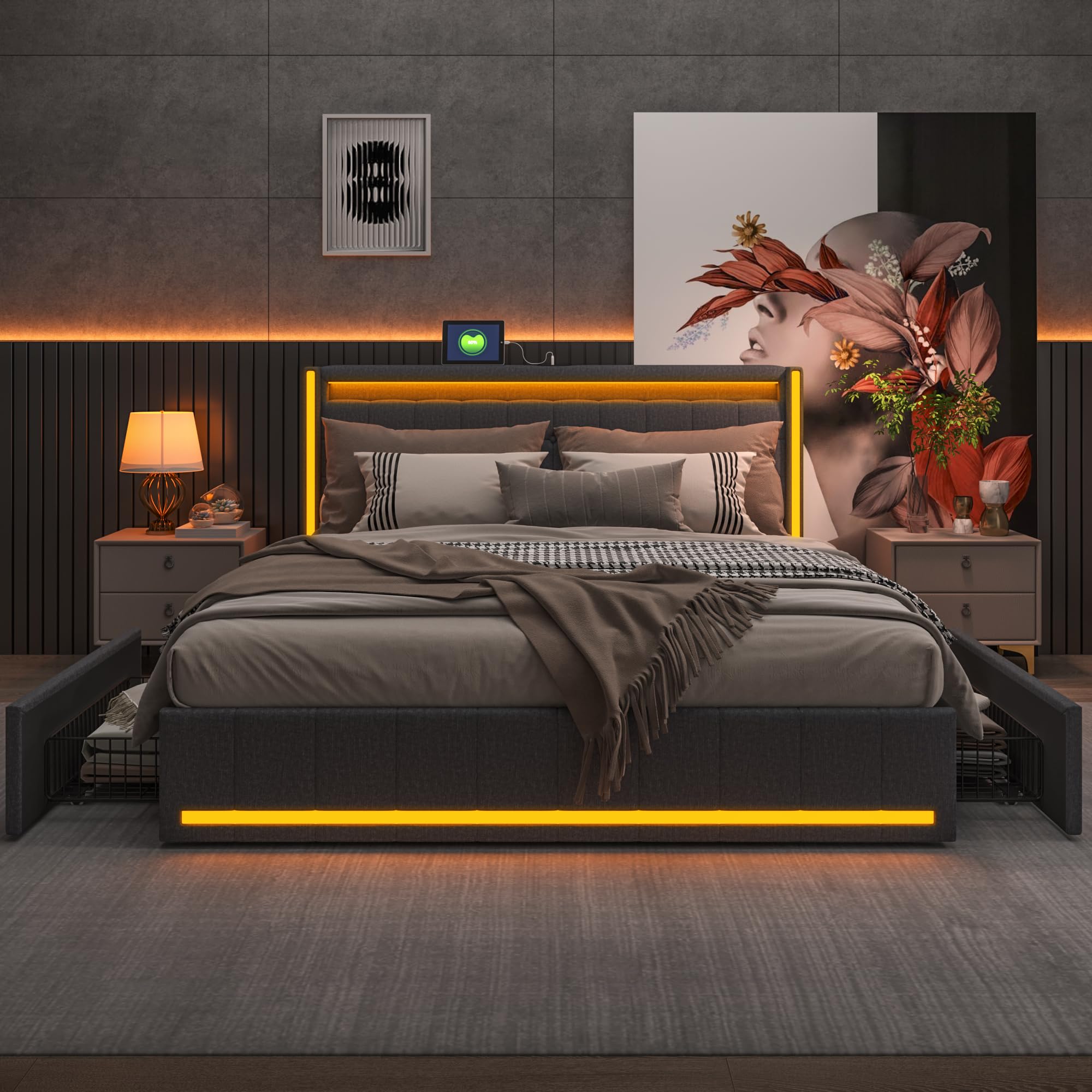 BRILVERDE Polsterbett 140x200 mit Stauraum, Doppelbett mit USB und LED, Jugendbett mit 4 Schubladen, Funktionsbett, Bettgestell mit Lattenrost, Linen (Grau, 140 x 200 cm)