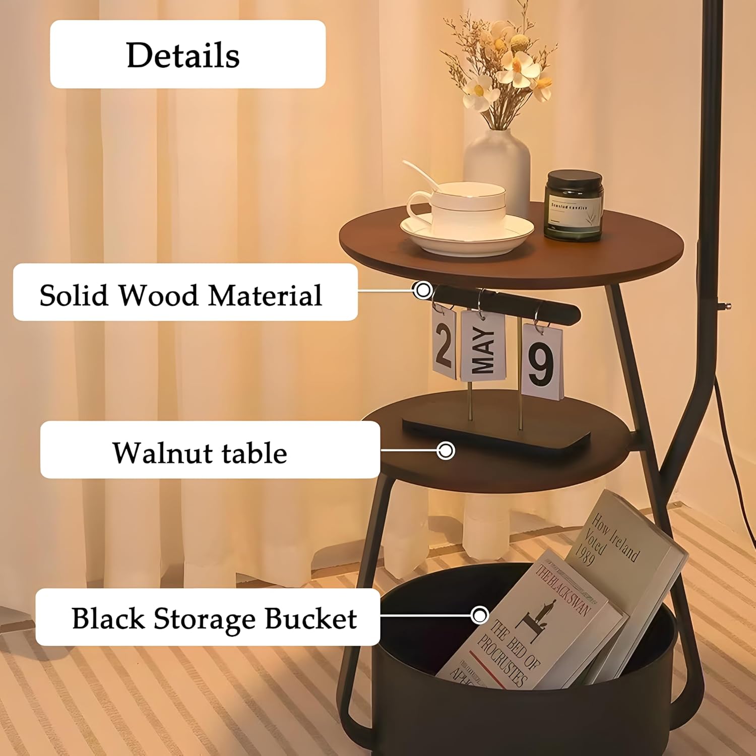 Boho Arc Floor Lamp with Table & Storage,3 Color Temperature Reading Light,Arch Lamps with Fabric Shade,65" Standing Lamps for Bedroom,Mid-Century Modern Black Floor Lamp for Living Room,Office