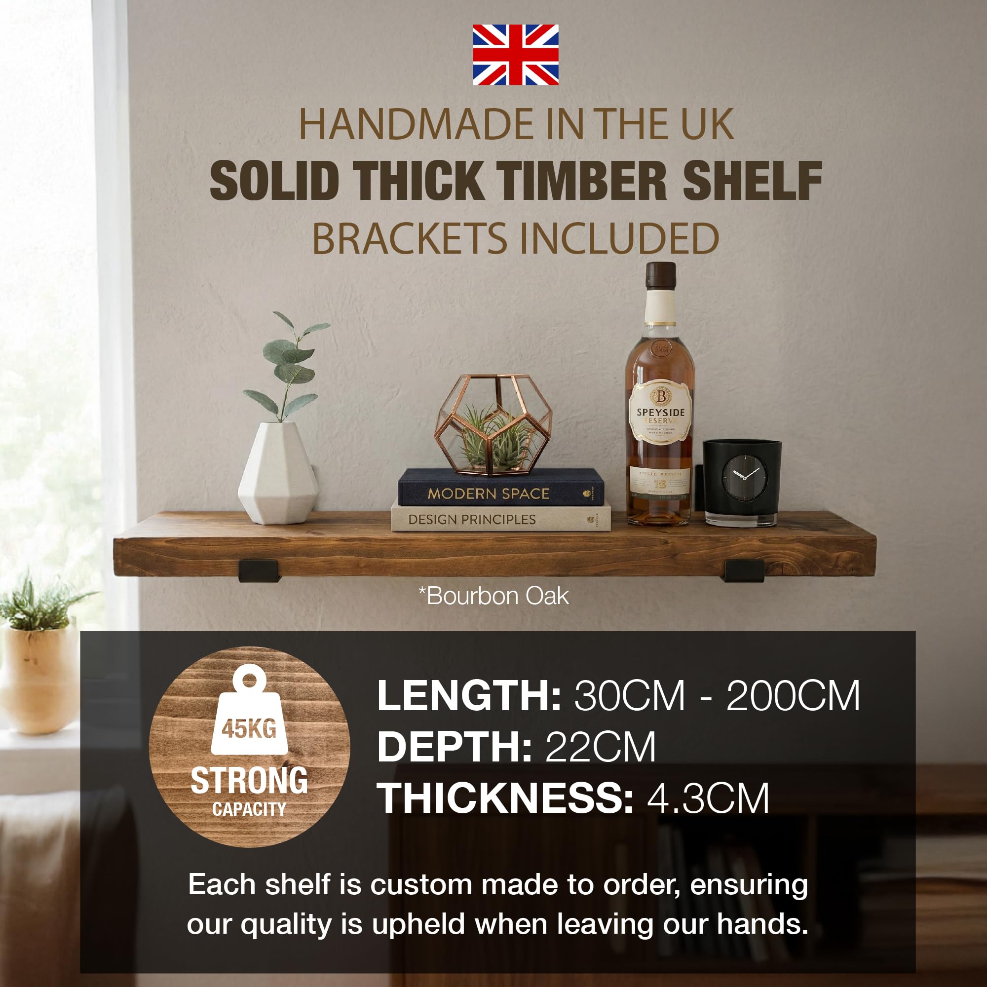 Top Notch Home & Living Handcrafted Rustic Wooden Wall Shelf, Incl 2 Up Brackets - Image 2