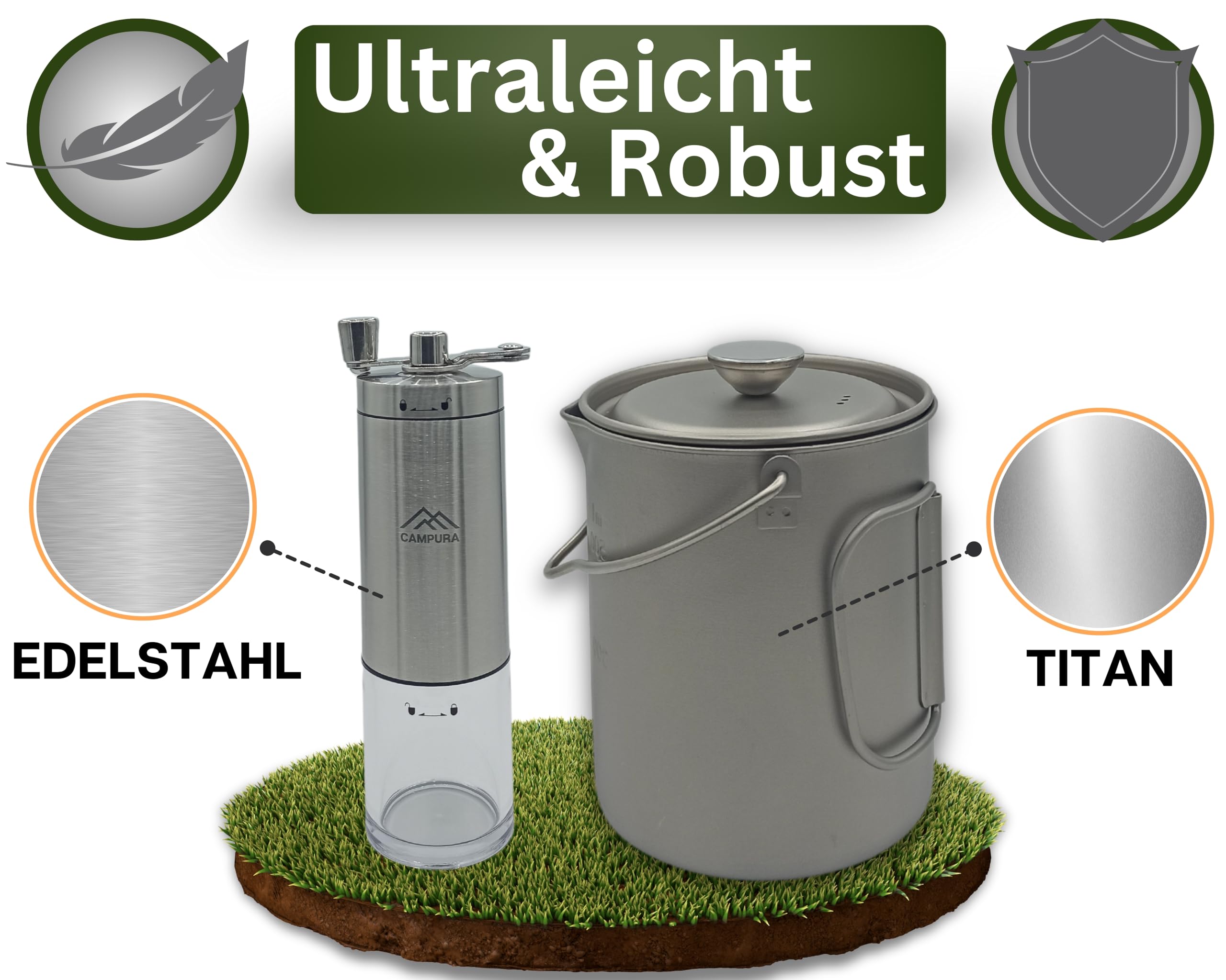 Titan French Press Topf - 750ml mit Edelstahl Hand-Kaffeemühle, Präzisionsfilter, Leicht & Kompakt - Outdoor Kaffeekocher, Camping French Press
