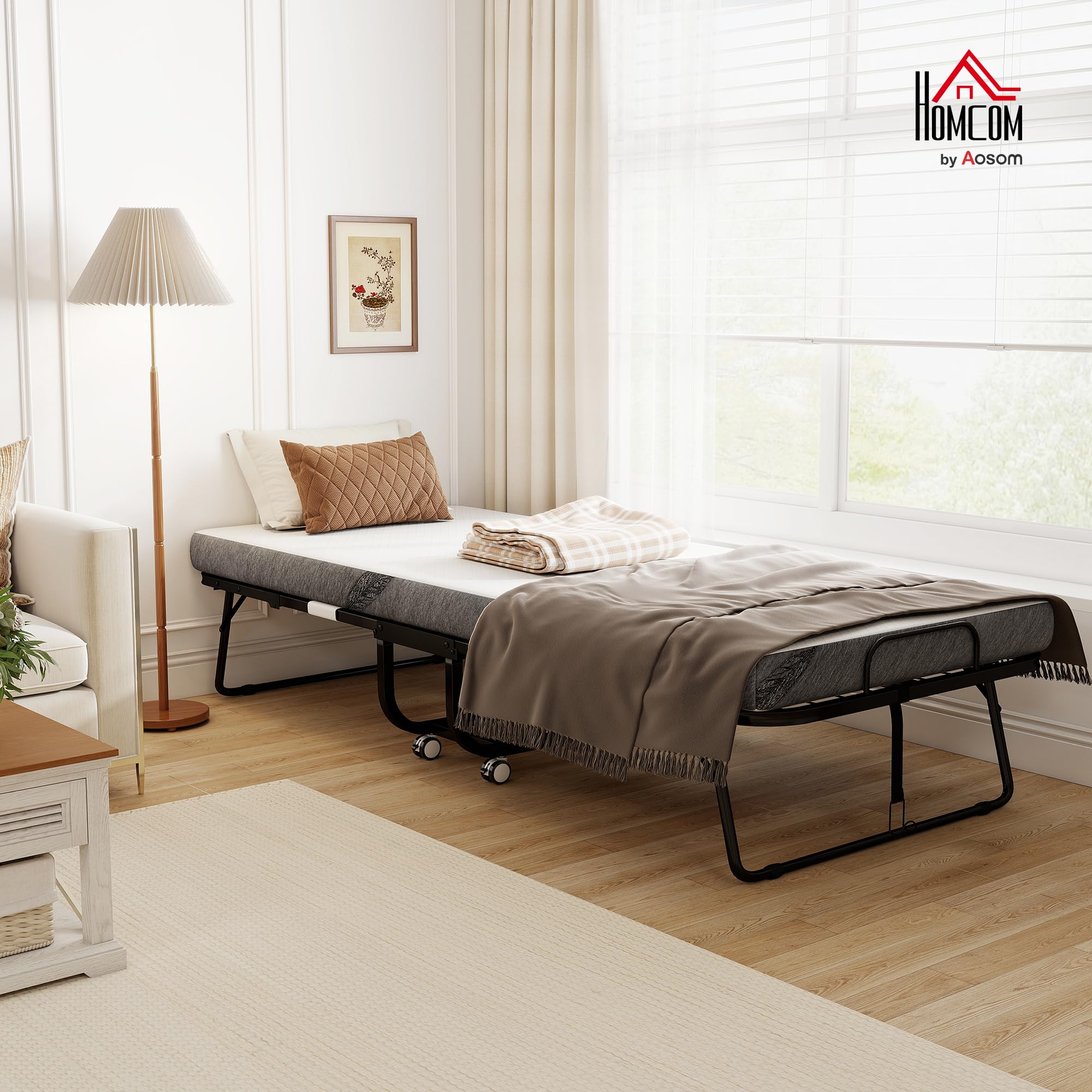 HOMCOM Lit Pliant 1 Personne 200 x 90 cm avec Matelas, Lit d'Appoint Blanc