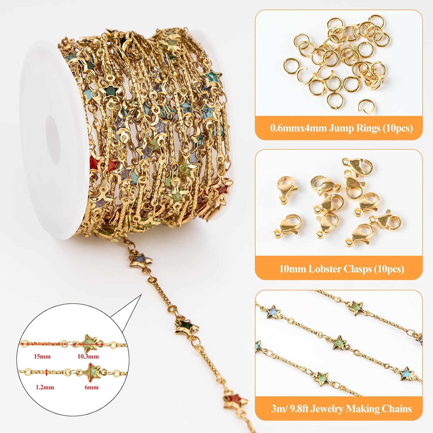 YOUBEIYEE 3 Meters Gold Plated Stainless Steel Star Chains Bulk on Spool Colorful Rhinestone Chain for Jewelry Making