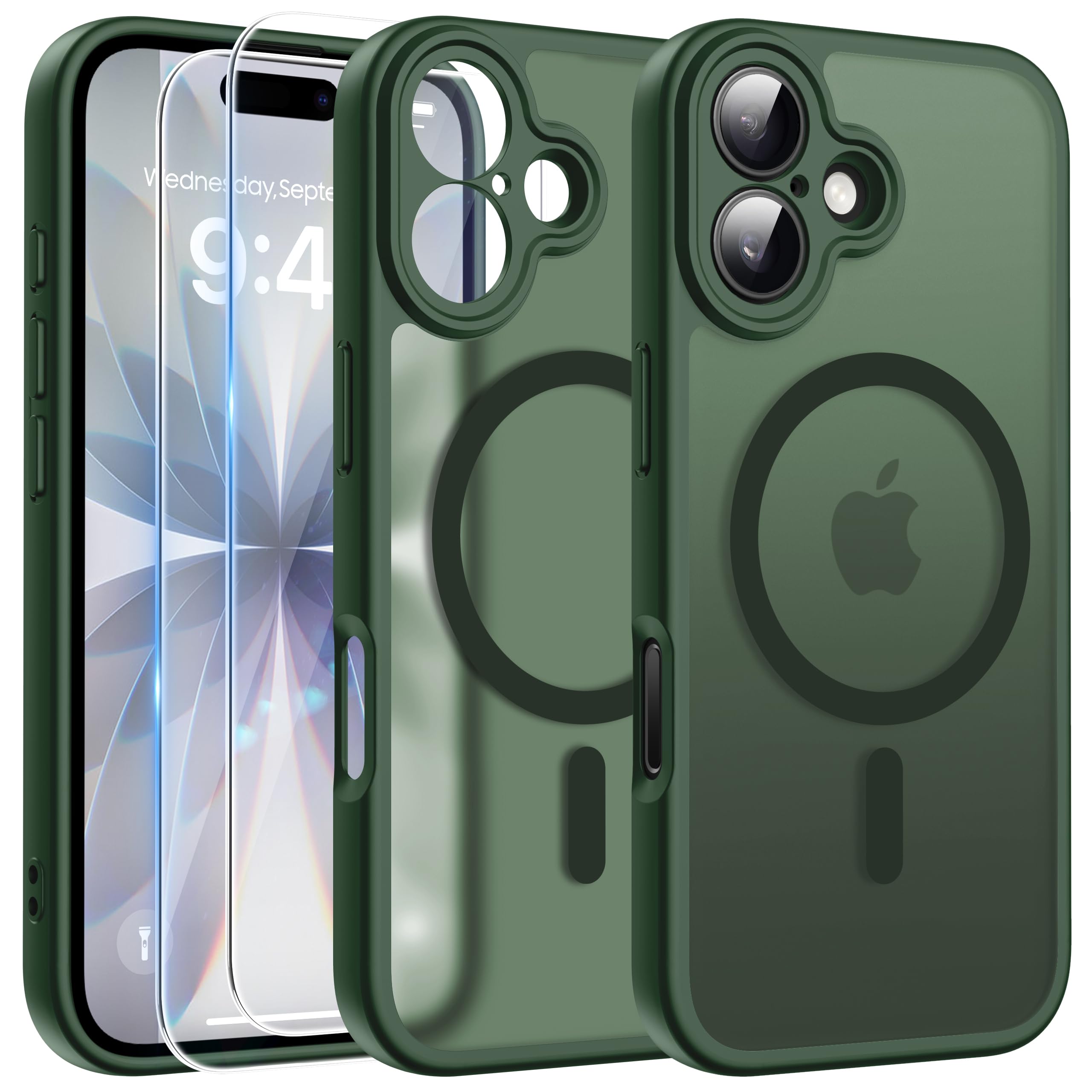 FLLAO Magnetica Cover per iPhone 17 e 2 Pellicole in Vetro Temperato, Custodia iPhone 17 Compatibile con Magsafe, Traslucida Opaca Posteriore Sottile Antiurto Protettiva Case, Verde
