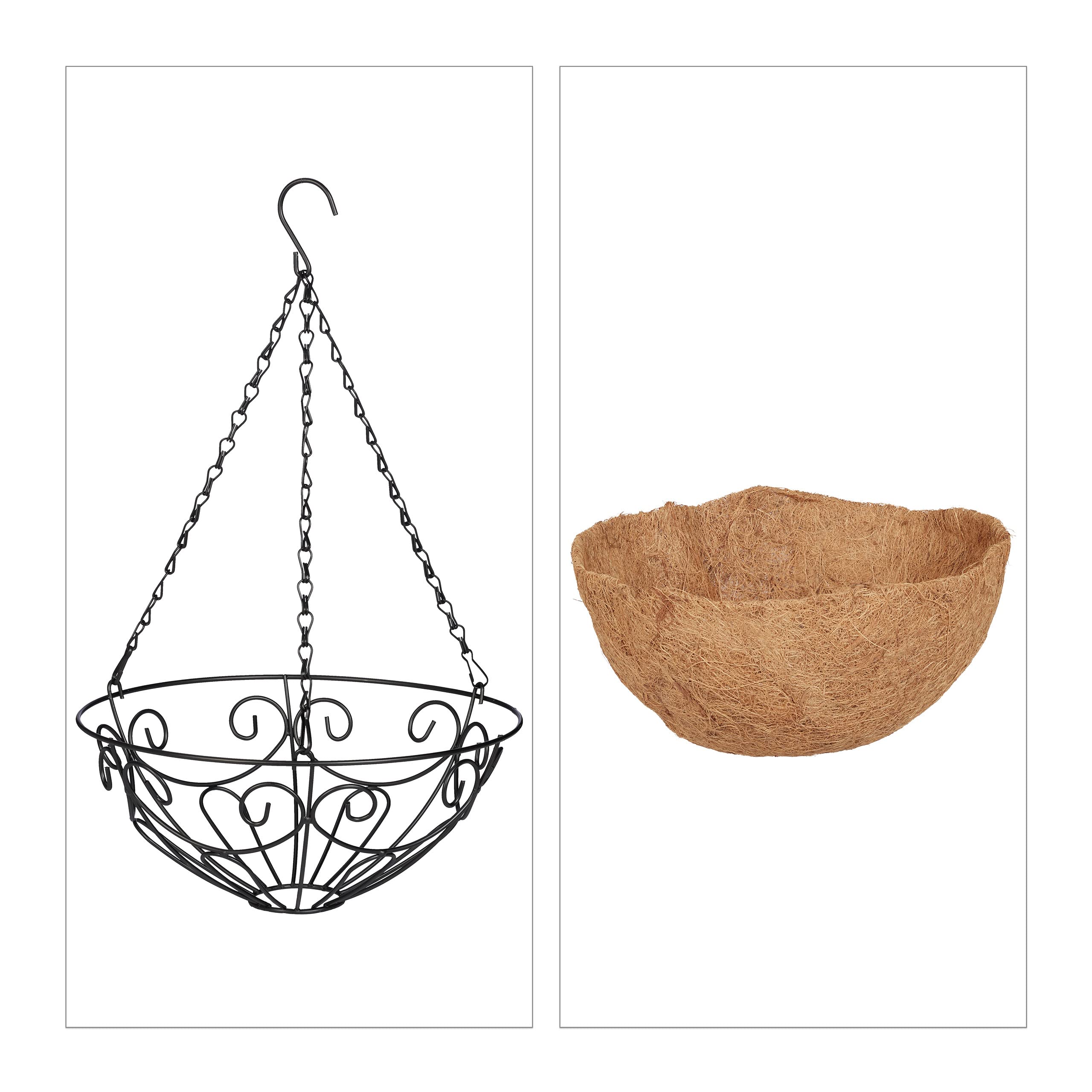 Relaxdays Vasi Sospesi per Piante, Set 3 Portavasi in Fibra di Cocco e Ferro, HD 48x31 cm, Indoor&Outdoor, Nero Naturale
