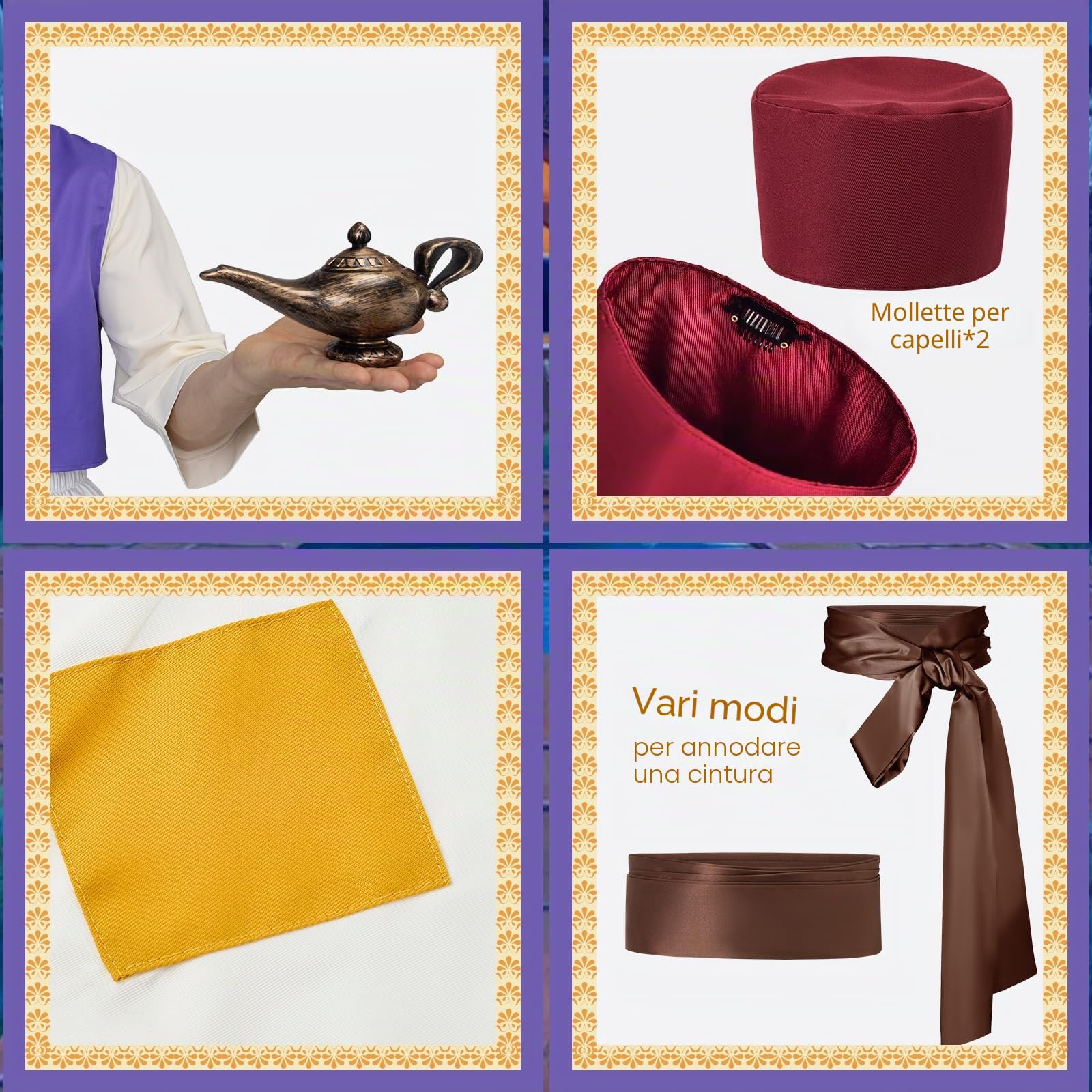 Joellfuner Aladdin Costume Adulto, Costume Aladdin Uomo, Costume Carnevale Principe Arabo con Lampada Aladino, Gilet Arabo, Pantaloni di Aladino, Camicie, Cappelli per Feste a Tema Carnevale