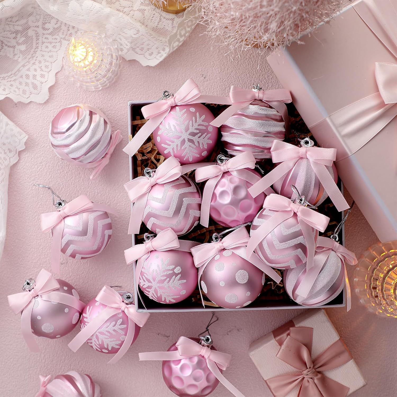 Soulchen 36 Pcs Pink Christmas Tree Ball Ornaments Bow Christmas Decor 2.36 Glittering Plastic Shatterproof Hanging Pink Decorations for Xmas Tree Home Wedding Holiday Party Decor - Image 4