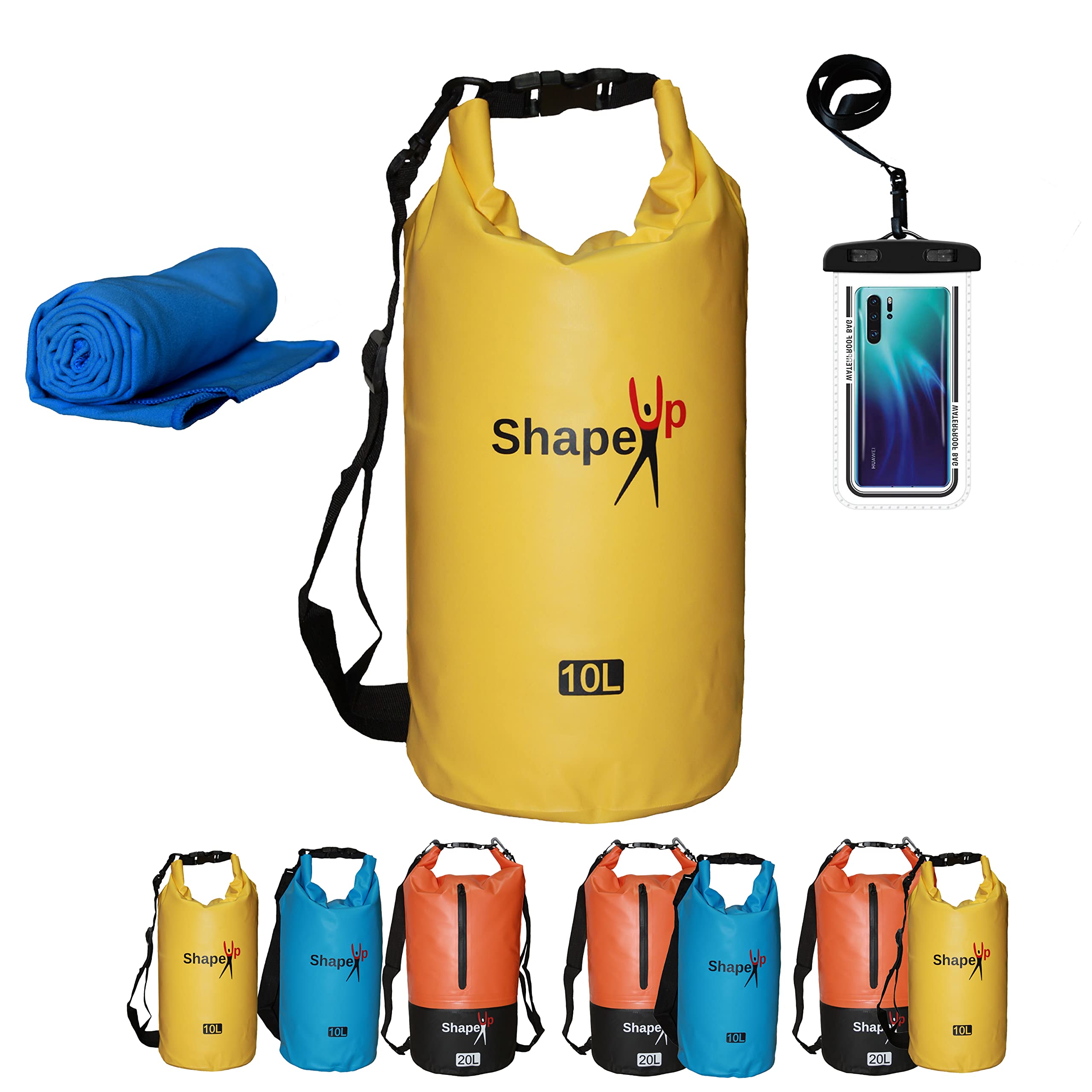 Waterproof Marine Dry Bag Backpack PVC 500 Tarpaulin 20L with pocket & 10L Shoulder Strap Roll Top Floating Dry Sack Boating Swimming with Towel & Phone Case (10, Yellow, 1)