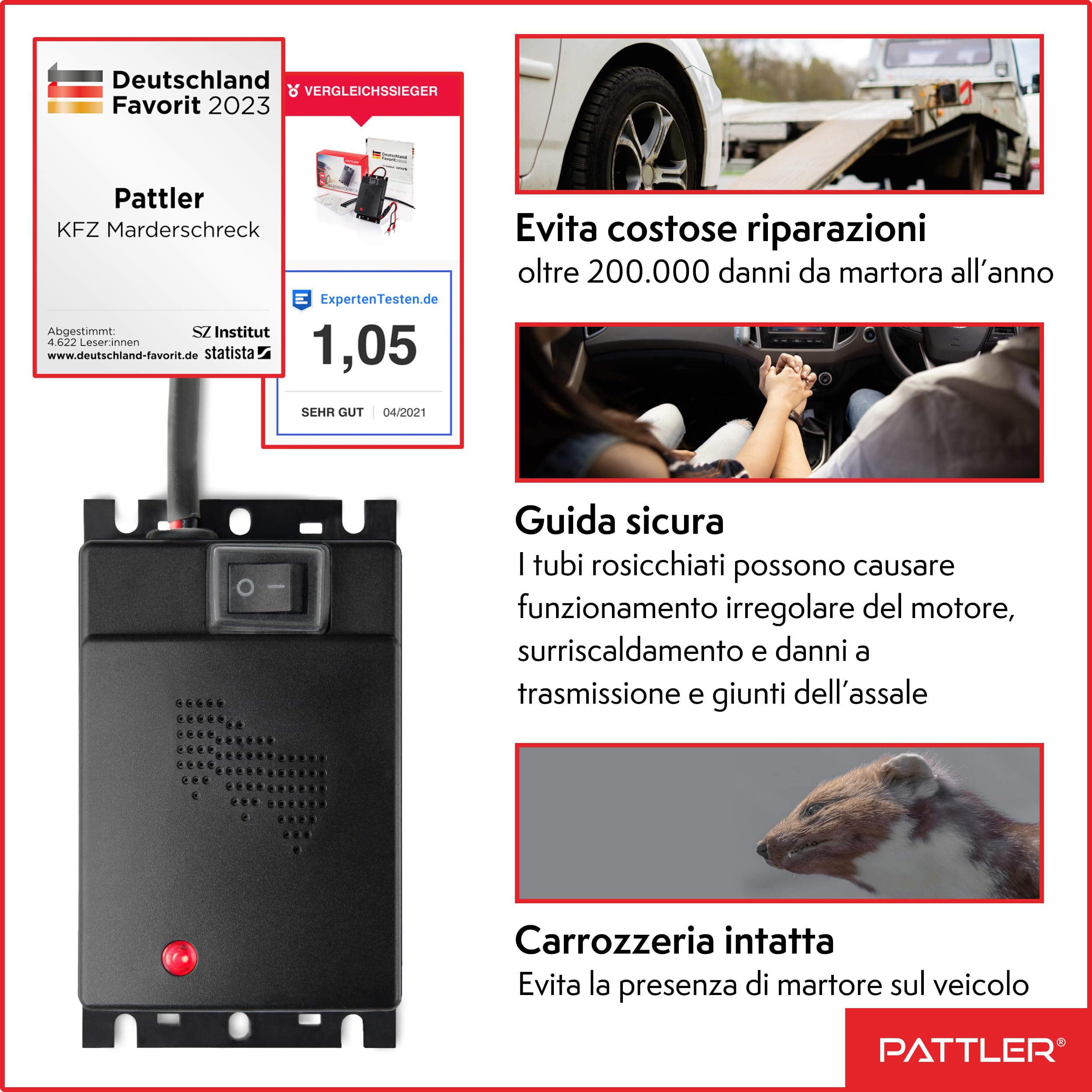 PATTLER Anti Martora per Auto con Ultrasuoni - Protezione Immediata e a Lungo Termine Contro Le Martore nel Vano Motore - Funziona con Batteria Auto a 12V - 1 Pezzo