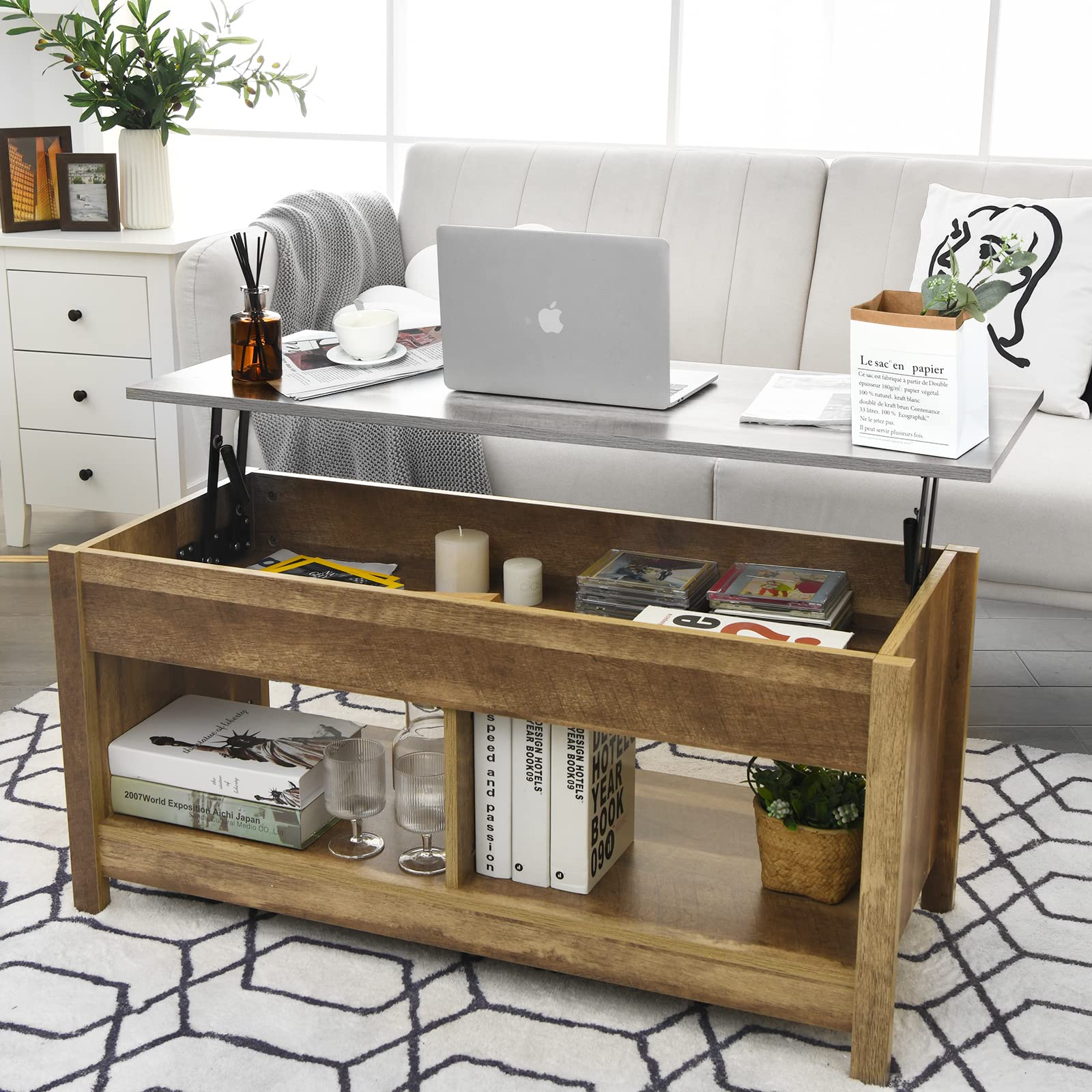 LIFEZEAL Tavolino da Salotto, Tavolino Sollevabile, Elevabile, Alzabile, Tavolino da Caffè, da Divano, Moderno, Basso, in Legno, Vano, Scomparti, Soggiorno, Ufficio, Max 50kg, 109x47,5x50-63cm, Rovere