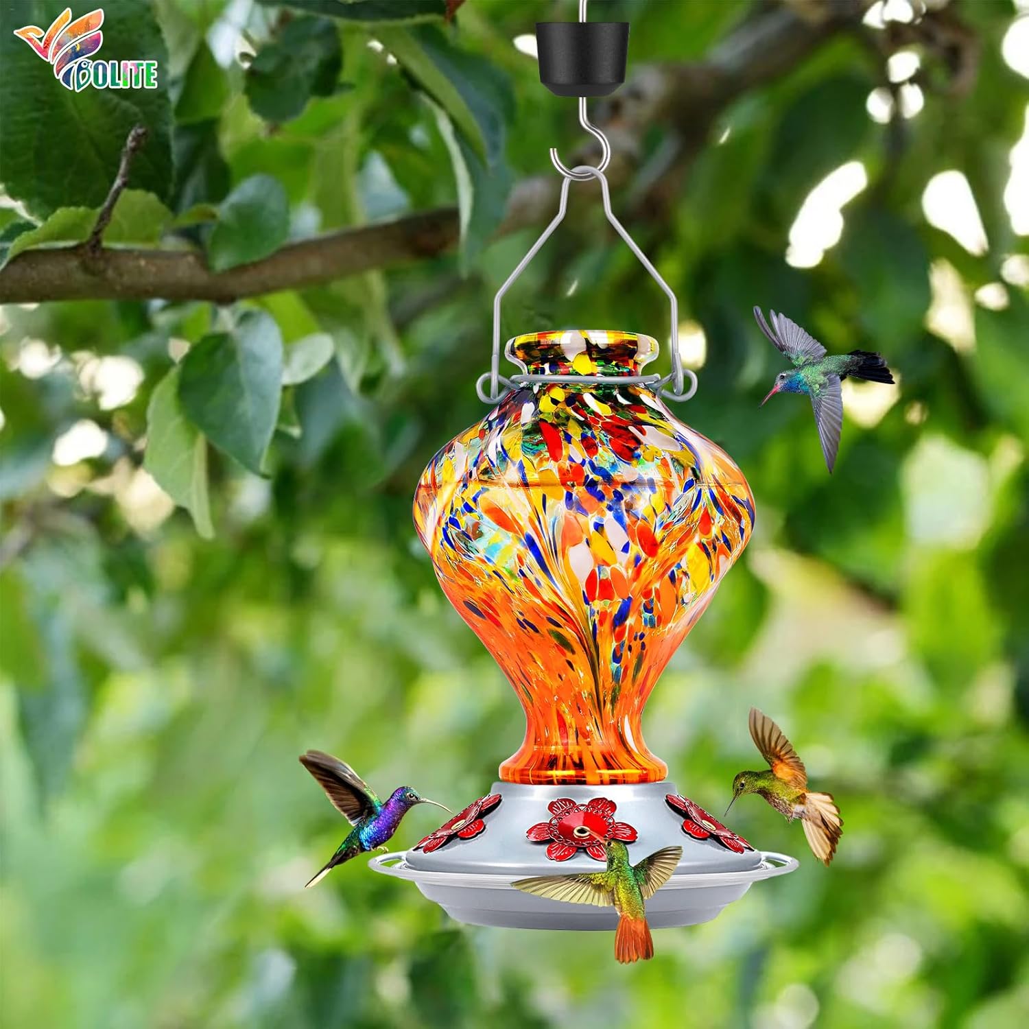 Hummingbird Feeder, BOLITE Glass Hummingbird Feeders for Outdoors Hanging, Hand Blown Twisted with Ant Moat, 5 Bee-Proof Ports, 360° Perch, Leak-Proof, 24oz, Orange, Gifts for Mom Dad Women Men