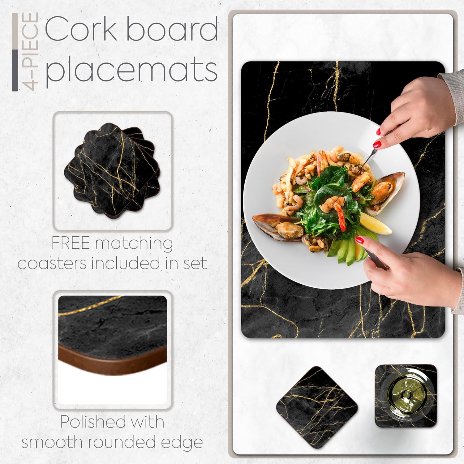 Set of 4 Heat Resistant Cork Placemats for Dining Table with Free Set of 4 Matching Drink Coasters Marble Design 16 x 12 Inches Cork Backed Hard Placemats (Black & Gold)
