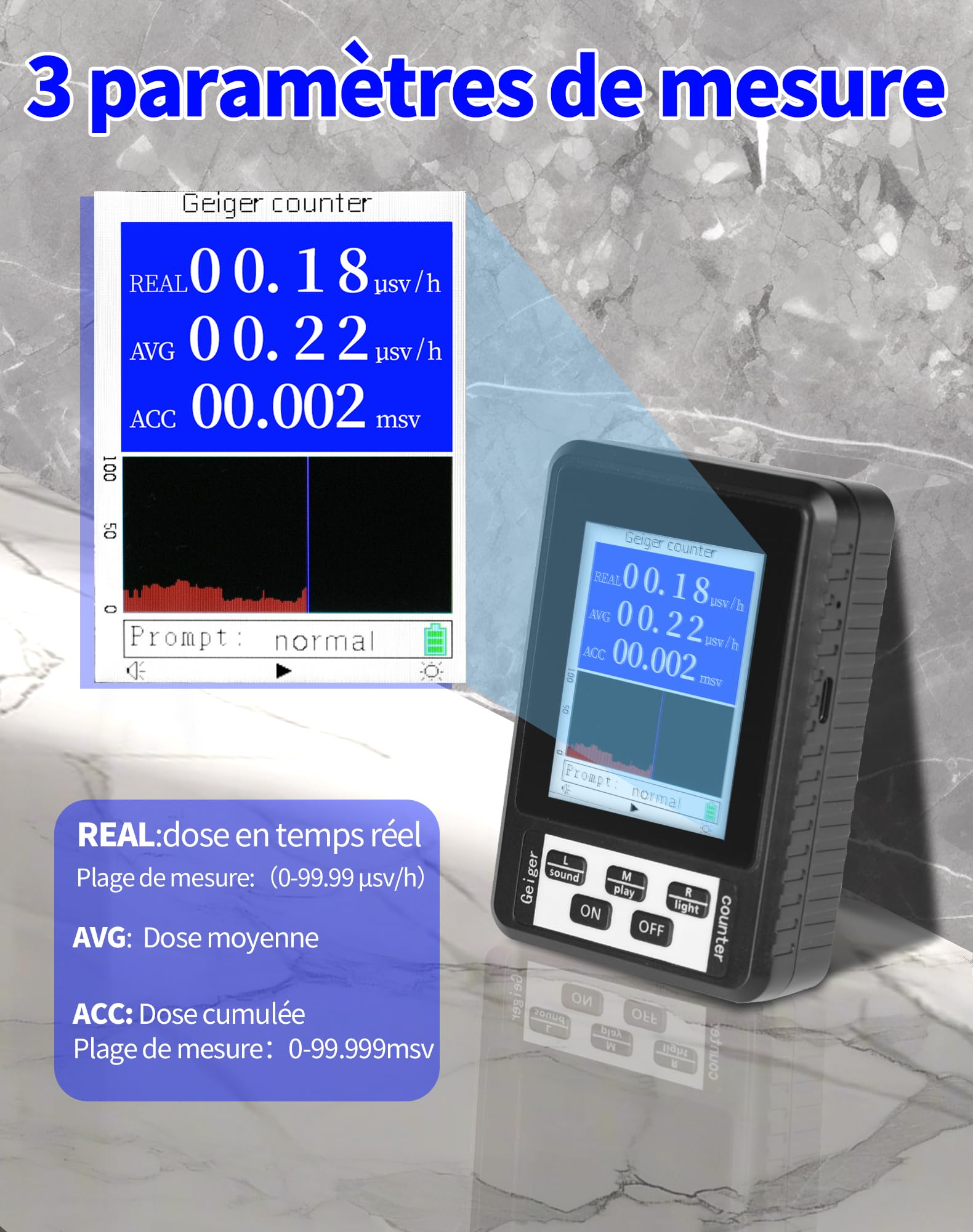 LAOYE Compteur Geiger Détecteur de Rayonnement Nucléaire Détecteur de Radiations Dosimètre Radioactivité Moniteur de Rayonnement Détection Rayons Bêta Gamma X-Ray - avec écran LCD