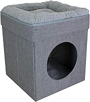 Kitty City Gray Indoor Cat Cube - 2-in-1 Cat Cave Furniture with Lounging Perch, Foldable Bed for Hiding & Relaxing