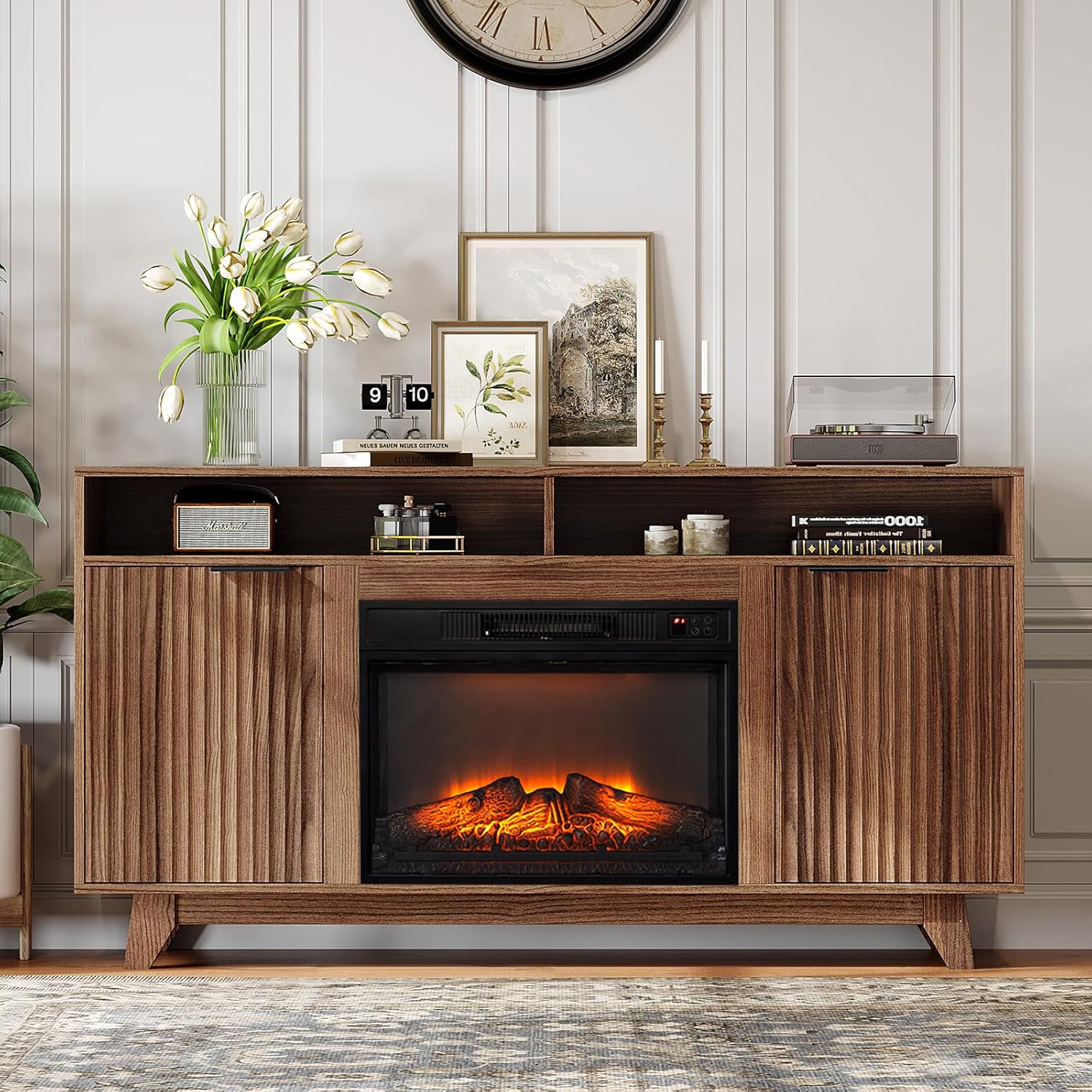 VINGLI Fireplace TV Stand for up to 70 inch TVs, Fluted Entertainment Center with Electric Fireplace Heater & Adjustable Shelves & Open Cabinet, Fireplace Media Console Table for Living Room, Walnut Walunt 58”W x 13.58“D x 32”H