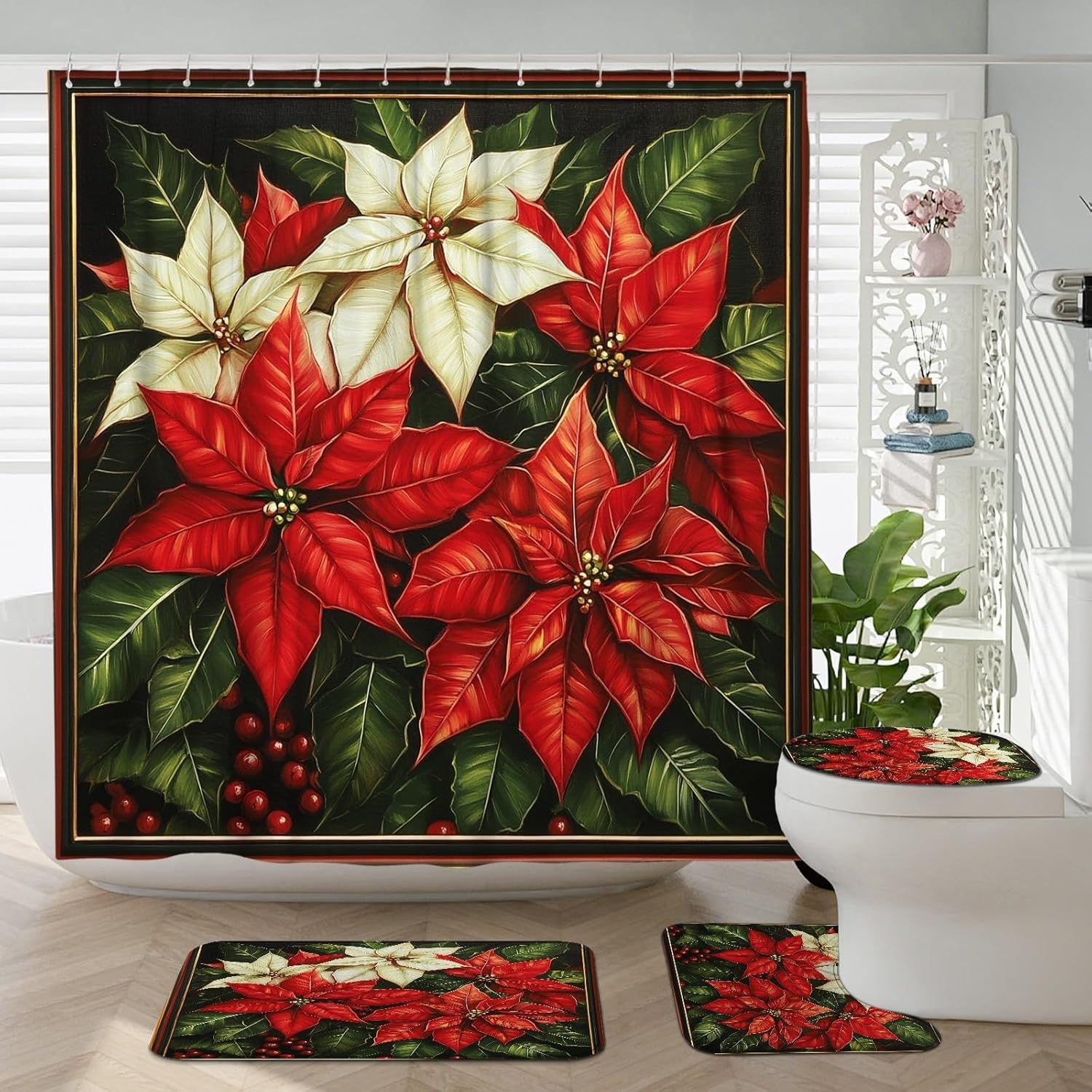 4PCS Vintage Merry Christmas Poinsettia Bathroom Sets with Non-Slip Rug, U Shape Toilet Lid Cover Mat, Aesthetic Xmas Bathroom Decoration 72''x72''