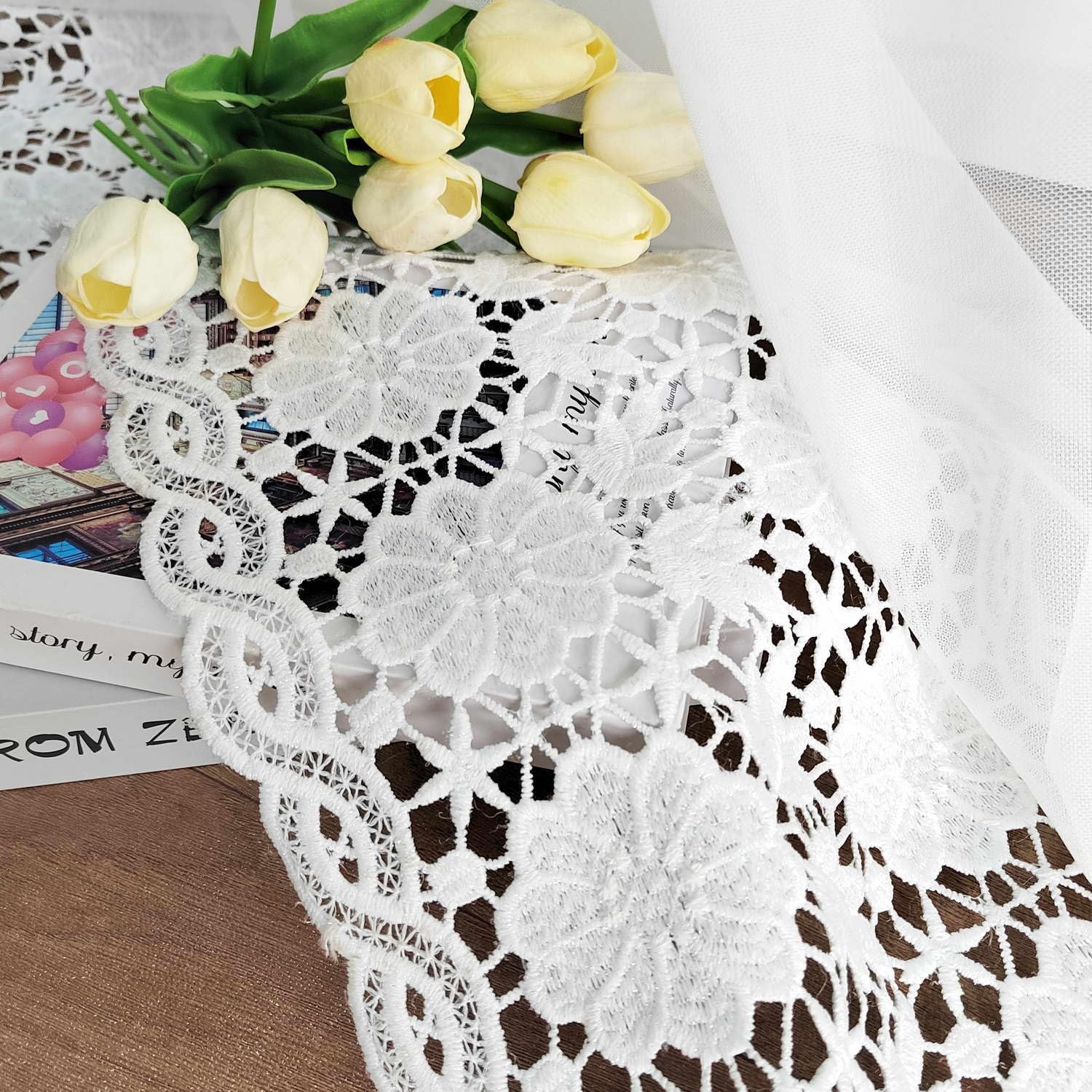 Embroidered Floral White Sheer Curtains for Kids Room Thin Country Curtain Transparent Gauze Rod Pocket Tulle Drapes for Living Room 2 Panels, Each W52 x L84 inch