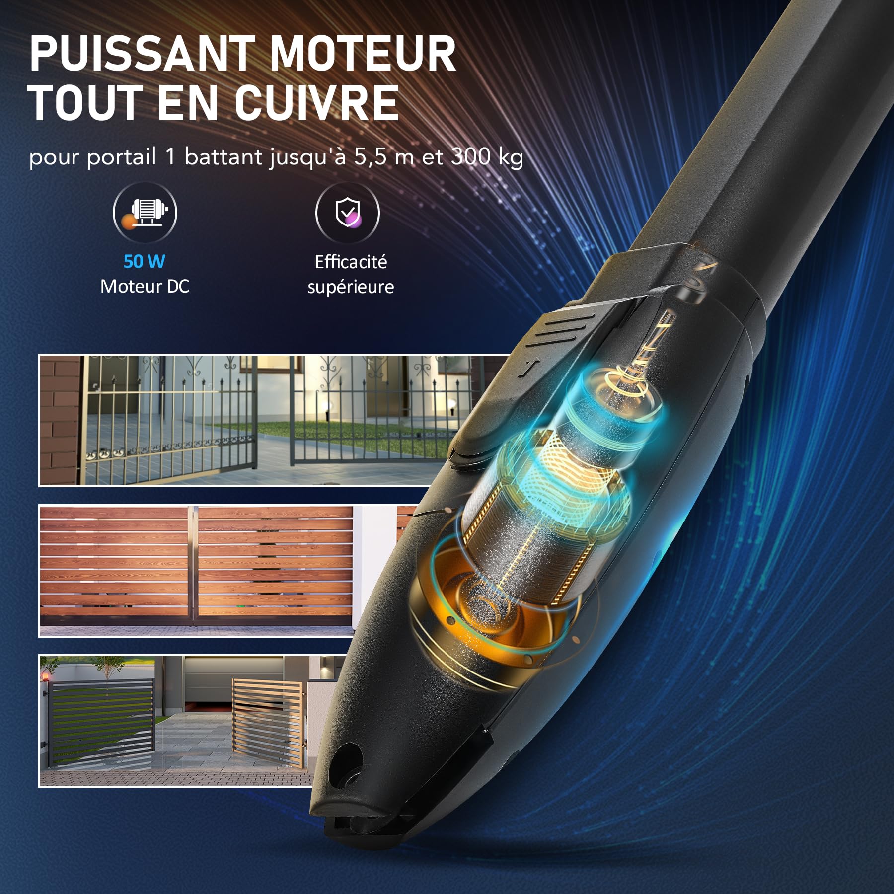 CO-Z Motorisation Portail Battant 220V/24V Unique Bras pour 1 Vantail Jusqu'à 300KG 5,5M avec 2 Télécommandes Moteur DC Automatisme à Vérins Télescopique Alimentation Solaire ou Batteries