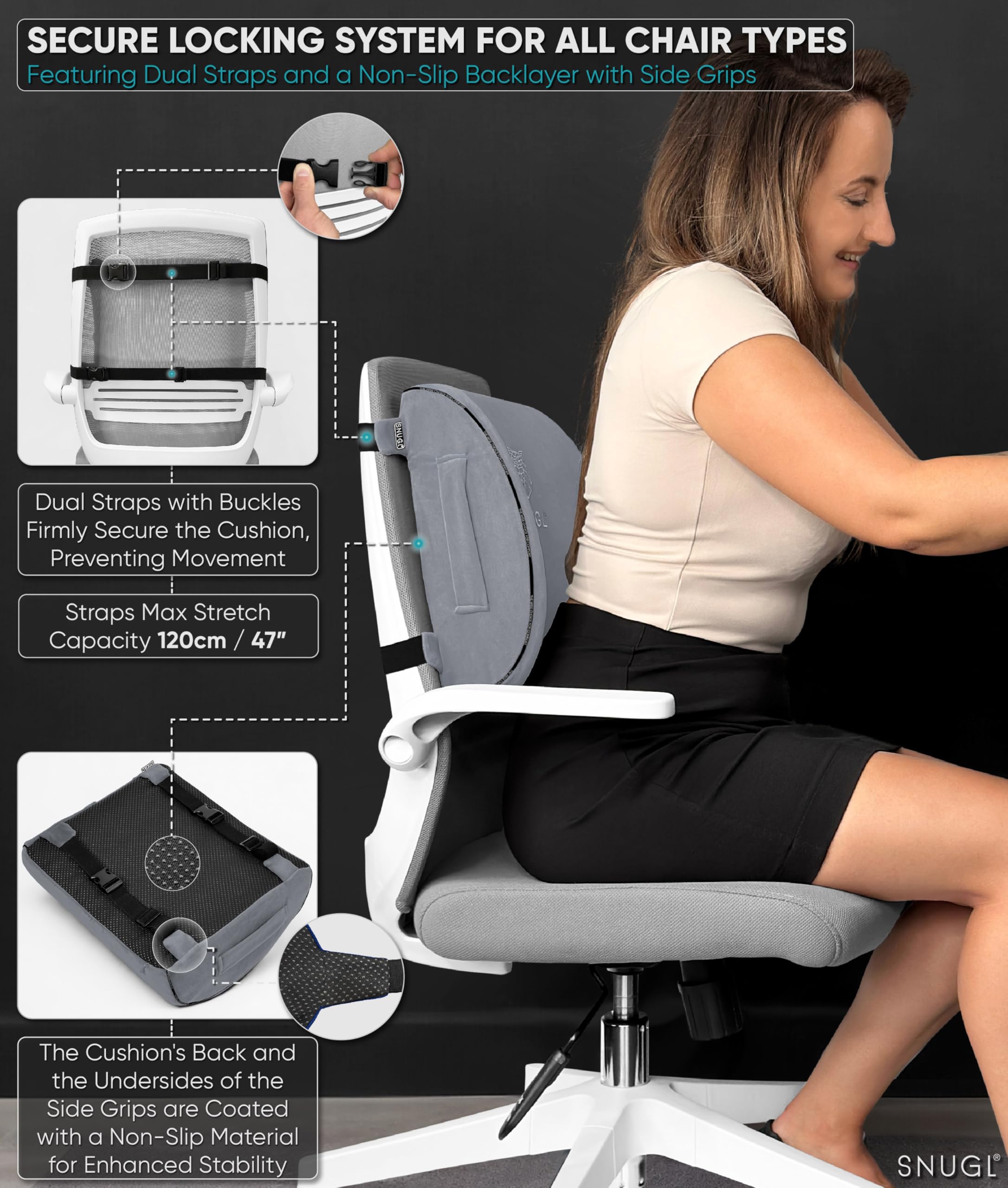 SNUGL Cuscino Lombare Supporto Schiena per Sedia da Ufficio | Cuscino Ortopedico in Memory Foam | Correttore Postura Uomo Donna | Cuscino Sedile Auto | Accessorio Ergonomico per Ufficio