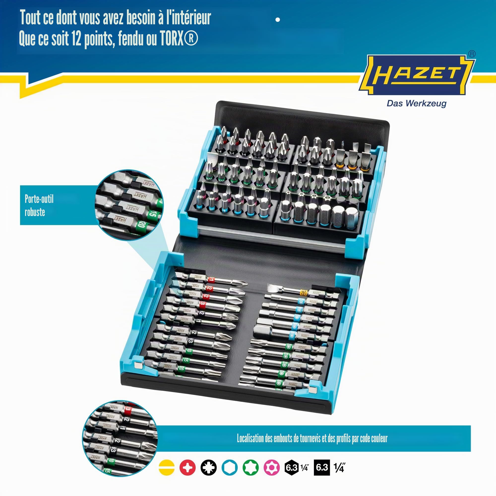 HAZET Smartcase Jeu d'embouts 2200SC-3 I 96 pièces, entraînement : 1/4 pouce, un maximum d'outils dans un minimum d'espace pour une meilleure vue d'ensemble I Jeu d'outils pliable