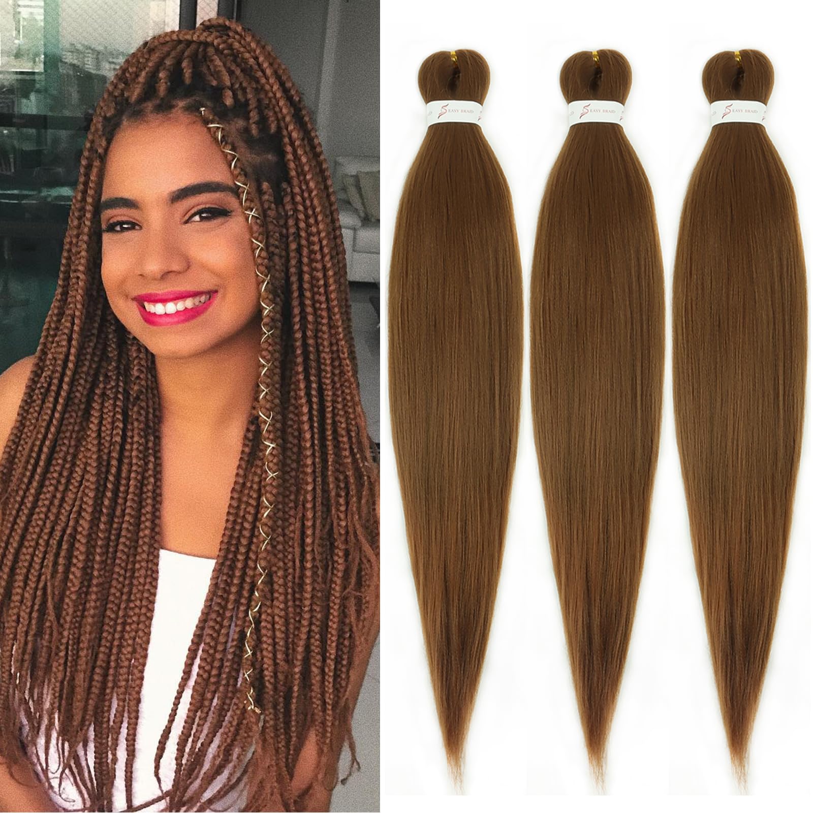 Brown Braiding Hair Pre stretched 16Inch 3 Packs Pre-stretched Braiding Hair Colored 30 EZ Braid Yaki Texture Synthetic Hair Extensions for Crochet