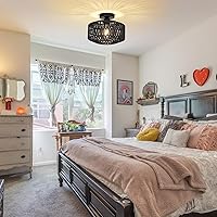 Vista 7 de Lámpara de ratán para montaje en techo, lámpara de techo bohemia con bombilla LED regulable, mini lámpara de araña de ratán tejida a mano