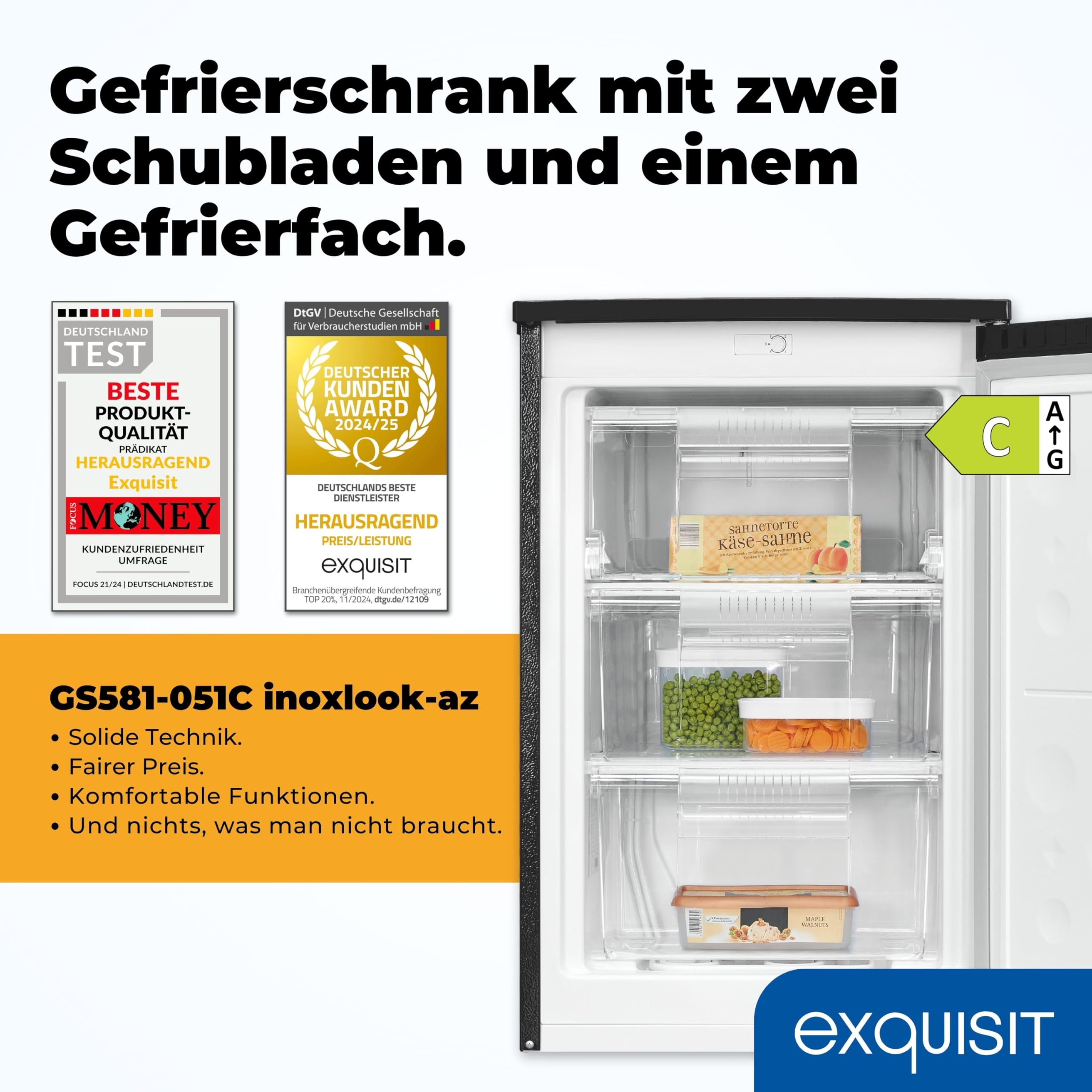 Exquisit GS581-051C Gefrierschrank - 85 l Tiefkühlschrank in Weiß | Kompaktes Standgerät mit Energieklasse C, 4-Sterne-Gefrierfach, 39 dB leisem Betrieb und wechselbarem Türanschlag