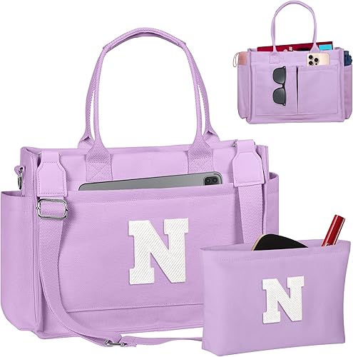 Miniatura 196 de Easter Basket Stuffers, Initial Tote Bag with Makeup Bag, Birthday Gifts for Women, Teen Girl Gifts Trendy Stuff Beige,Negro